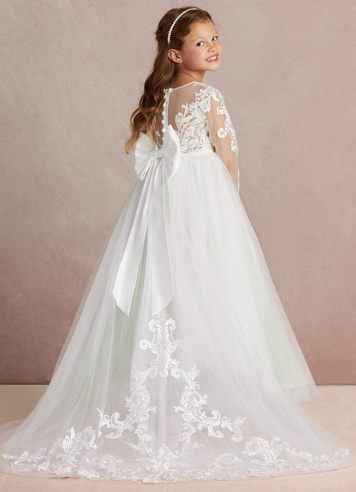 Azazie Elodie Flower Girl Dresses Ivory Dusty Sage Ball-Gown Lace Dress image1