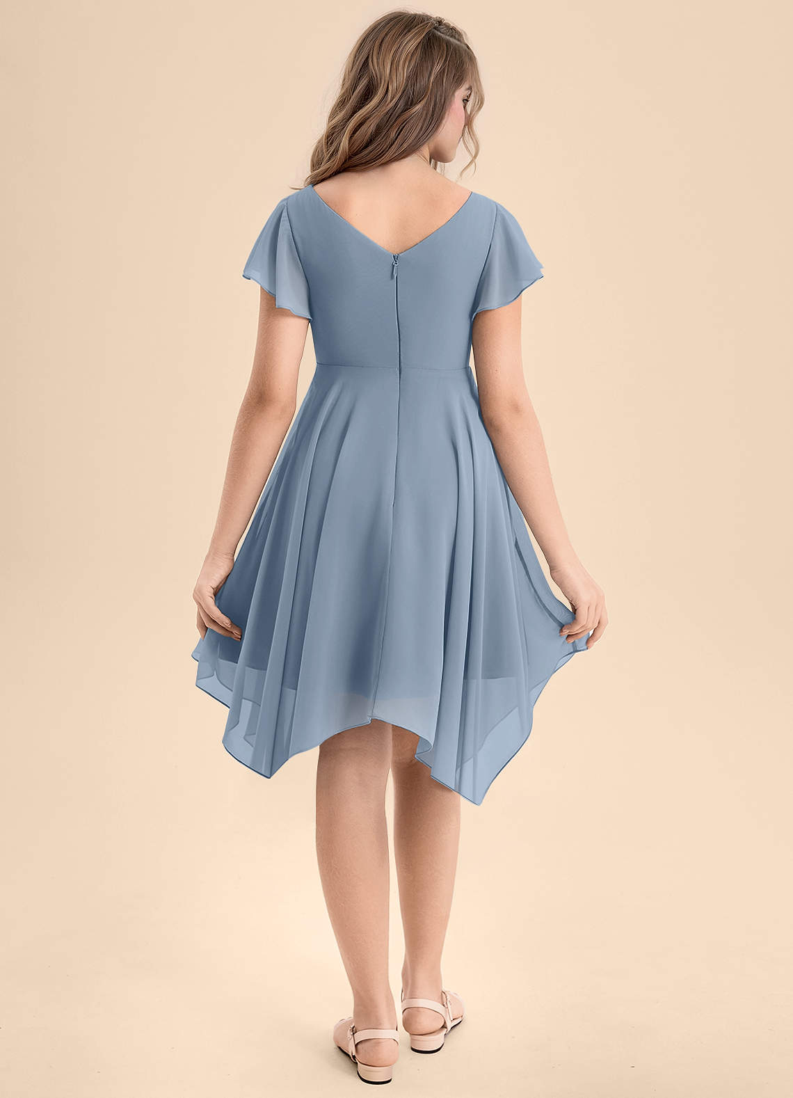 Azazie Janeaurelia Junior Vestido de Azul Polvoriento de Gasa de Corte En A con Plisado image1