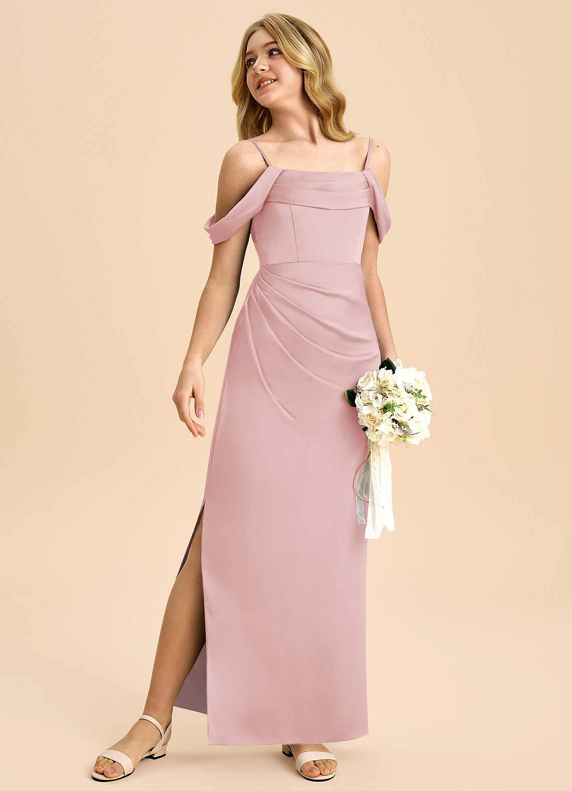 Azazie Saige Junior Powder Pink Sheath Off the Shoulder Stretch Satin Dress image4