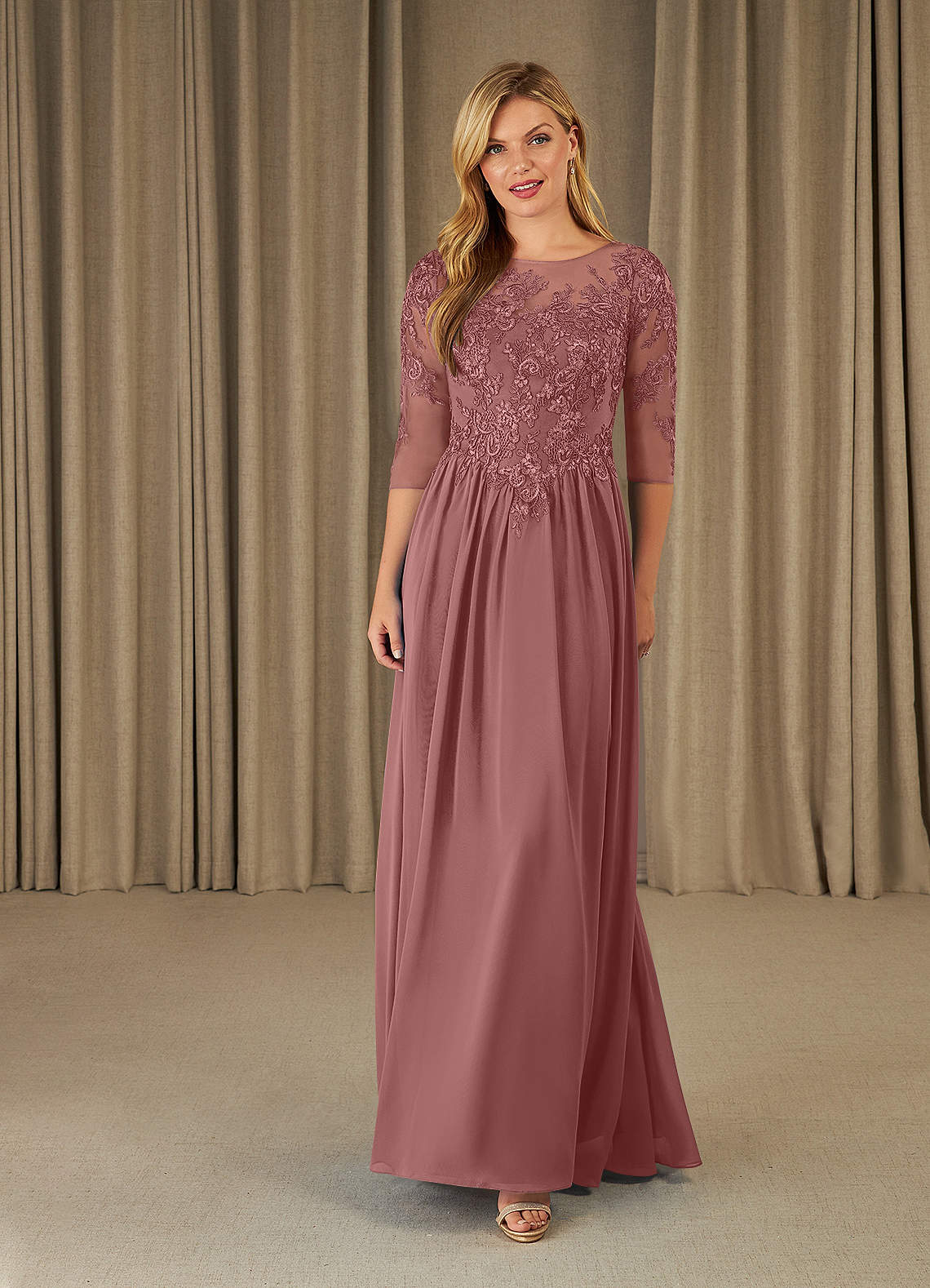 Azazie Mirielle vestidos de madre de la novia Vestido de Rosa Del Desierto de Gasa de Corte En A con Encaje Scoop image1