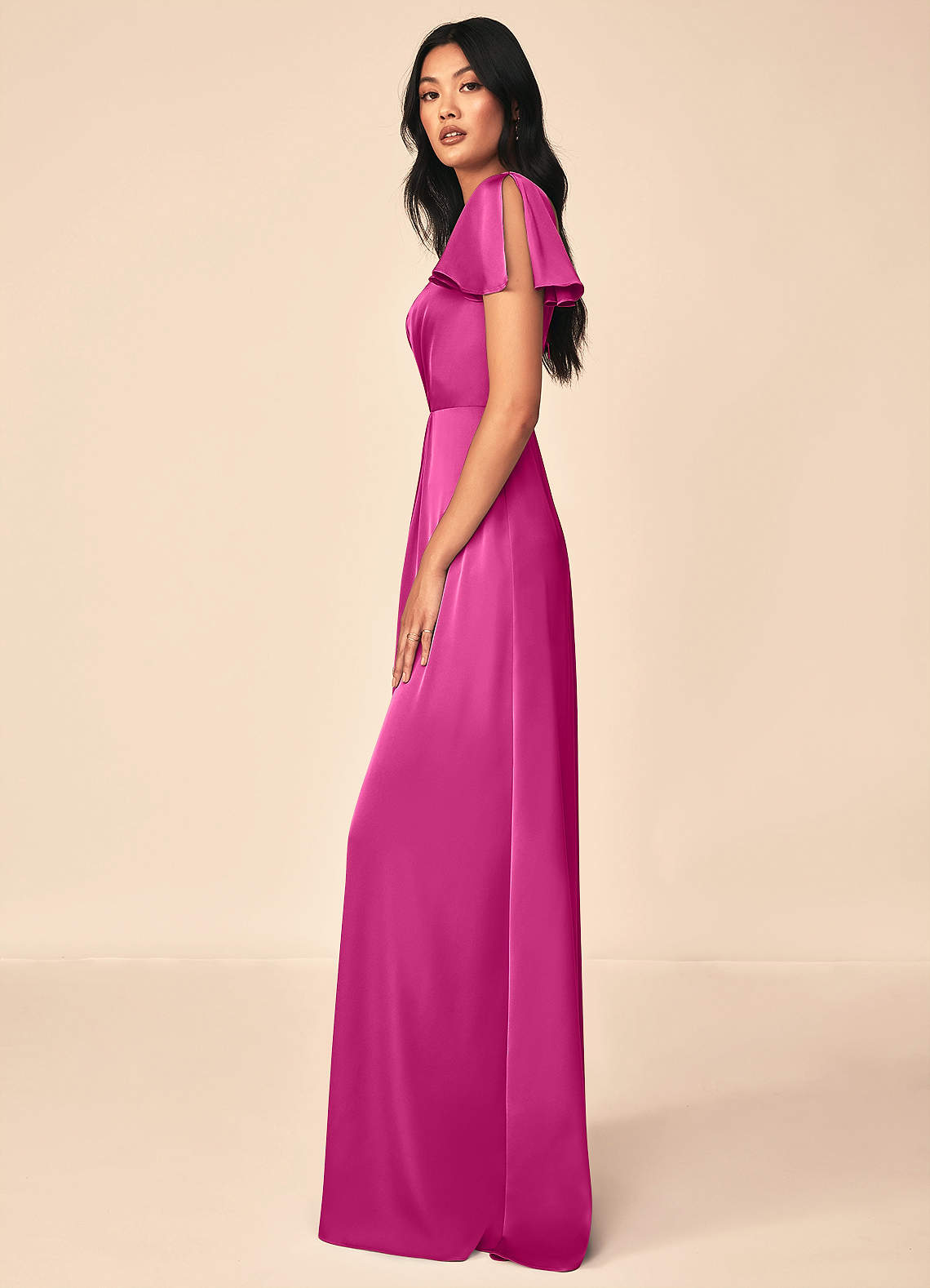 fuchsia color bridesmaid dresses Rosemary Graceful V Neck Ruched Maxi Sheath Chiffon Bridesmaid Dresses, Fuchsia
