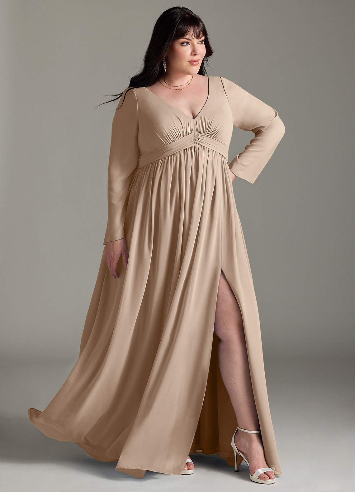 Azazie Teton Maternity Bridesmaid Dresses A-Line Long Sleeve Chiffon Floor-Length Dress image10