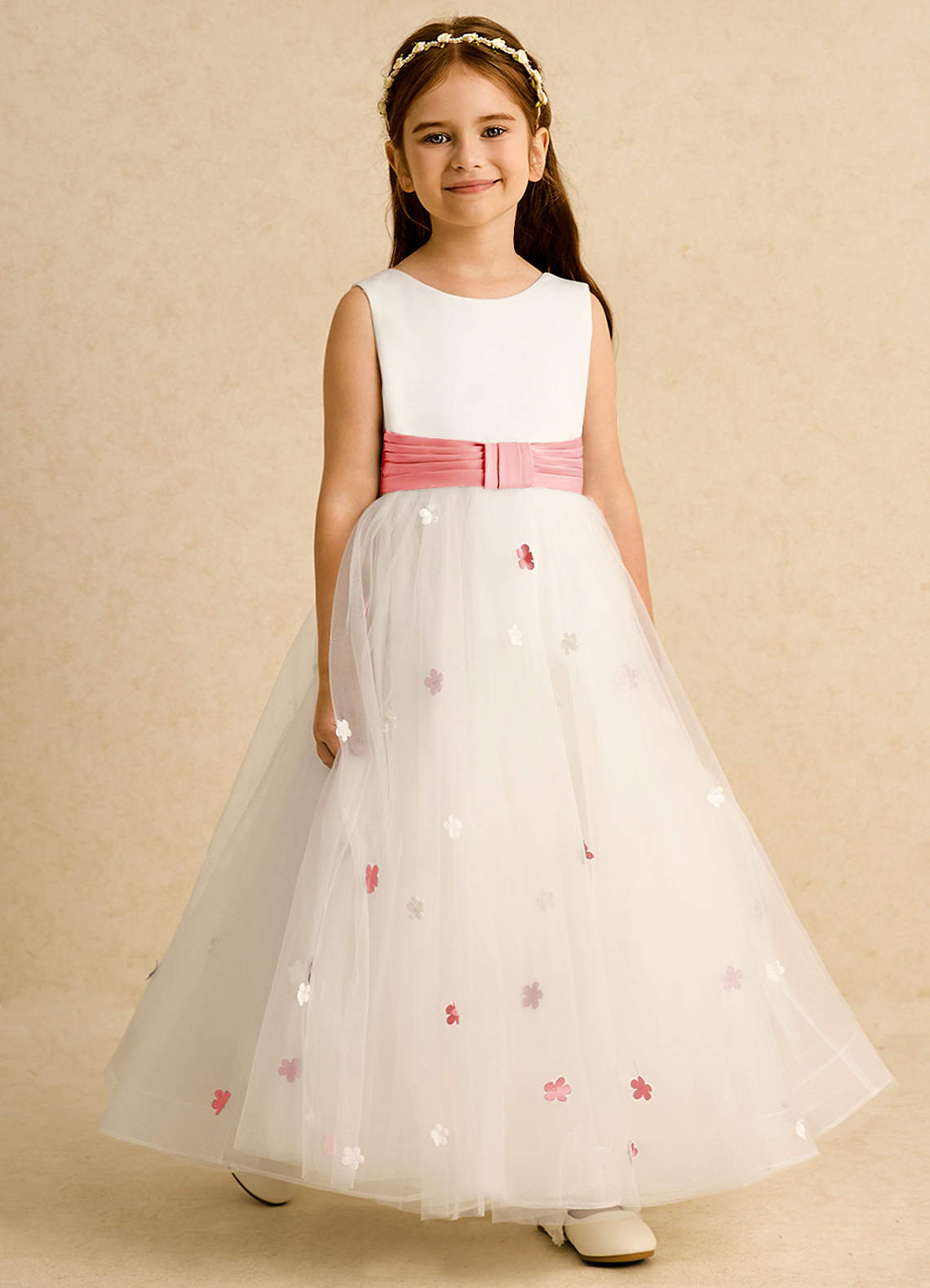 Azazie Cricket Flower Girl Dresses Ivory Coral Ball-Gown Pleated Matte Satin Dress image5