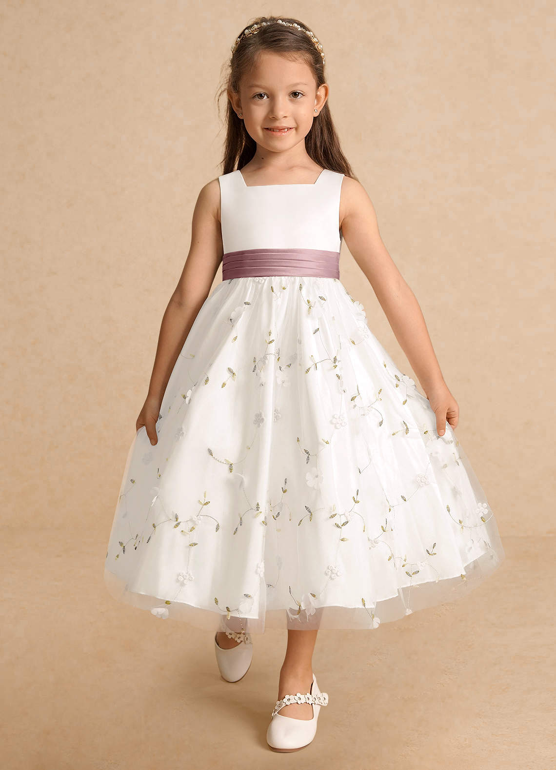 Azazie Pollie Flower Girl Dresses Ivory Dusty Rose A-Line Bow Tulle Dress image9