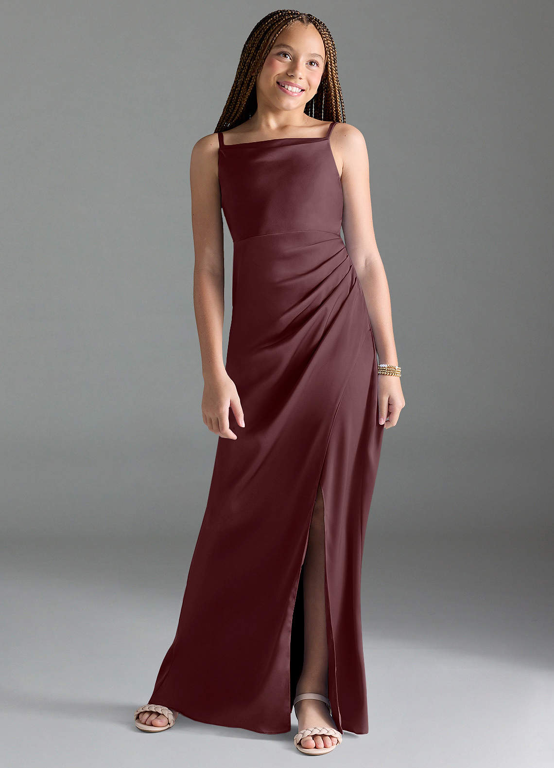 Azazie Leonis Junior A-Linie Plissee Stretch-Satin Kleid Sangria image1