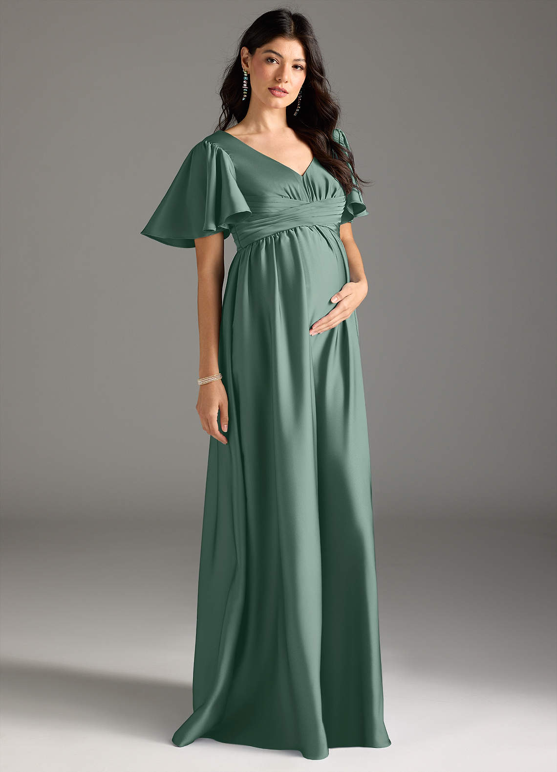 Azazie Verna vestidos de dama de honor de maternidad Vestido de Corte En A Volante Hasta el suelo Satén Elástico image4