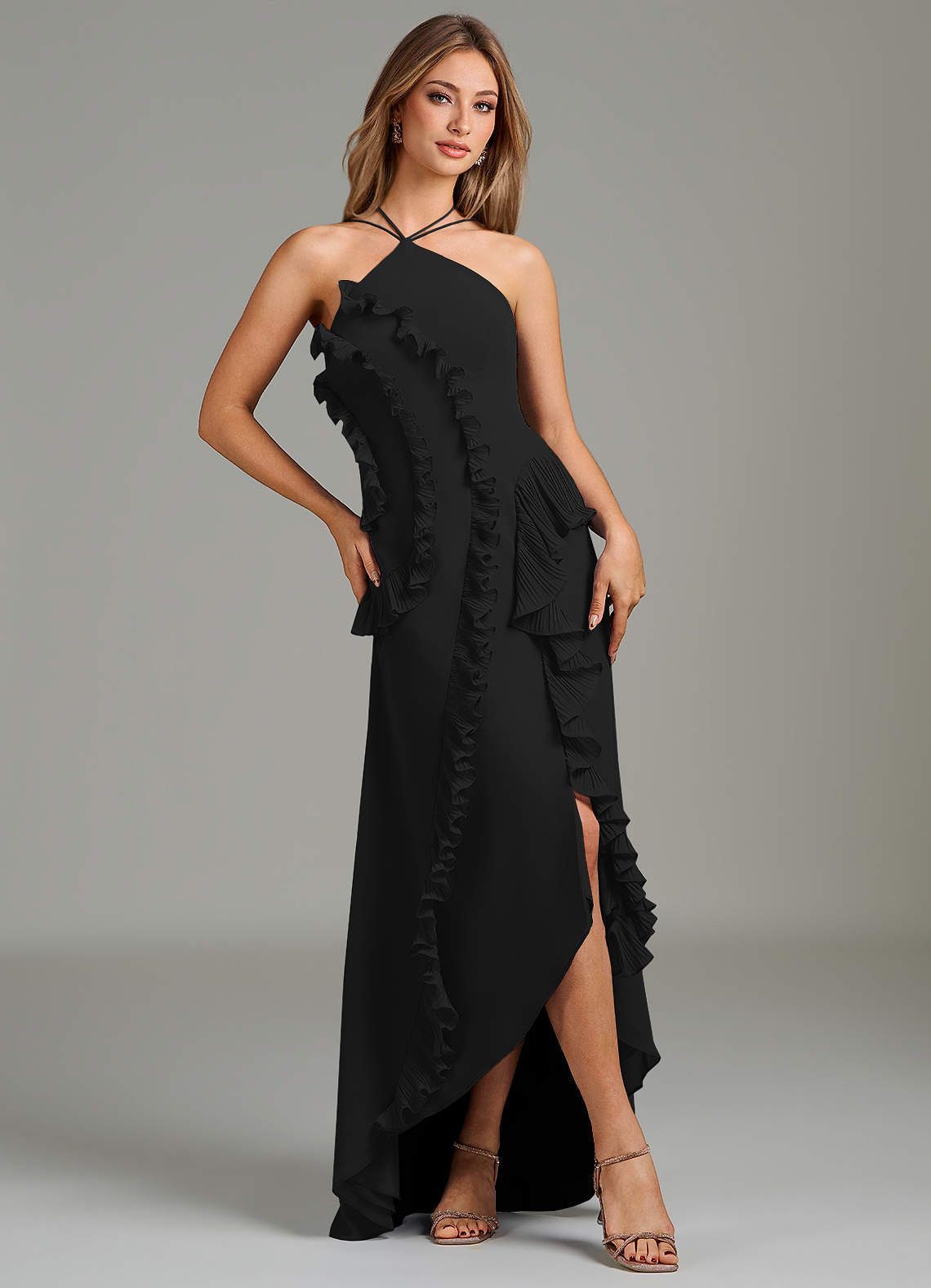 black chiffon asymmetrical dress Chiffon Halter Asymmetrical Hem Dress Black / M main image 0