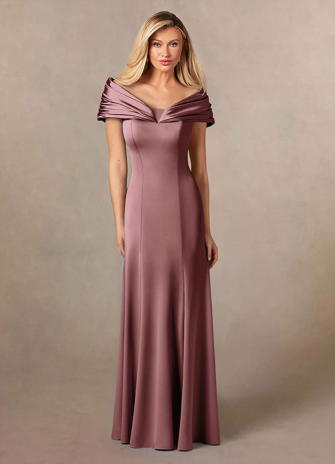 Azazie Auberdeen Mother of the Bride Dresses Vintage Mauve Mermaid Pleated Stretch Satin Dress image1