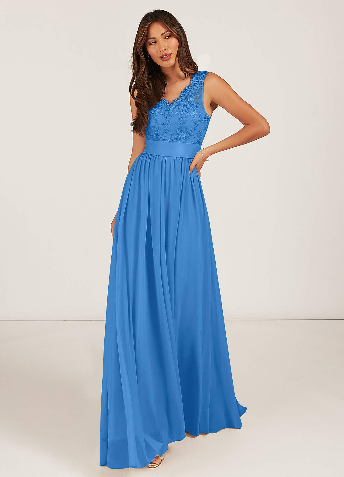 Azazie Gertrude Bridesmaid Dresses Blue Jay A-Line Lace Chiffon Dress image1