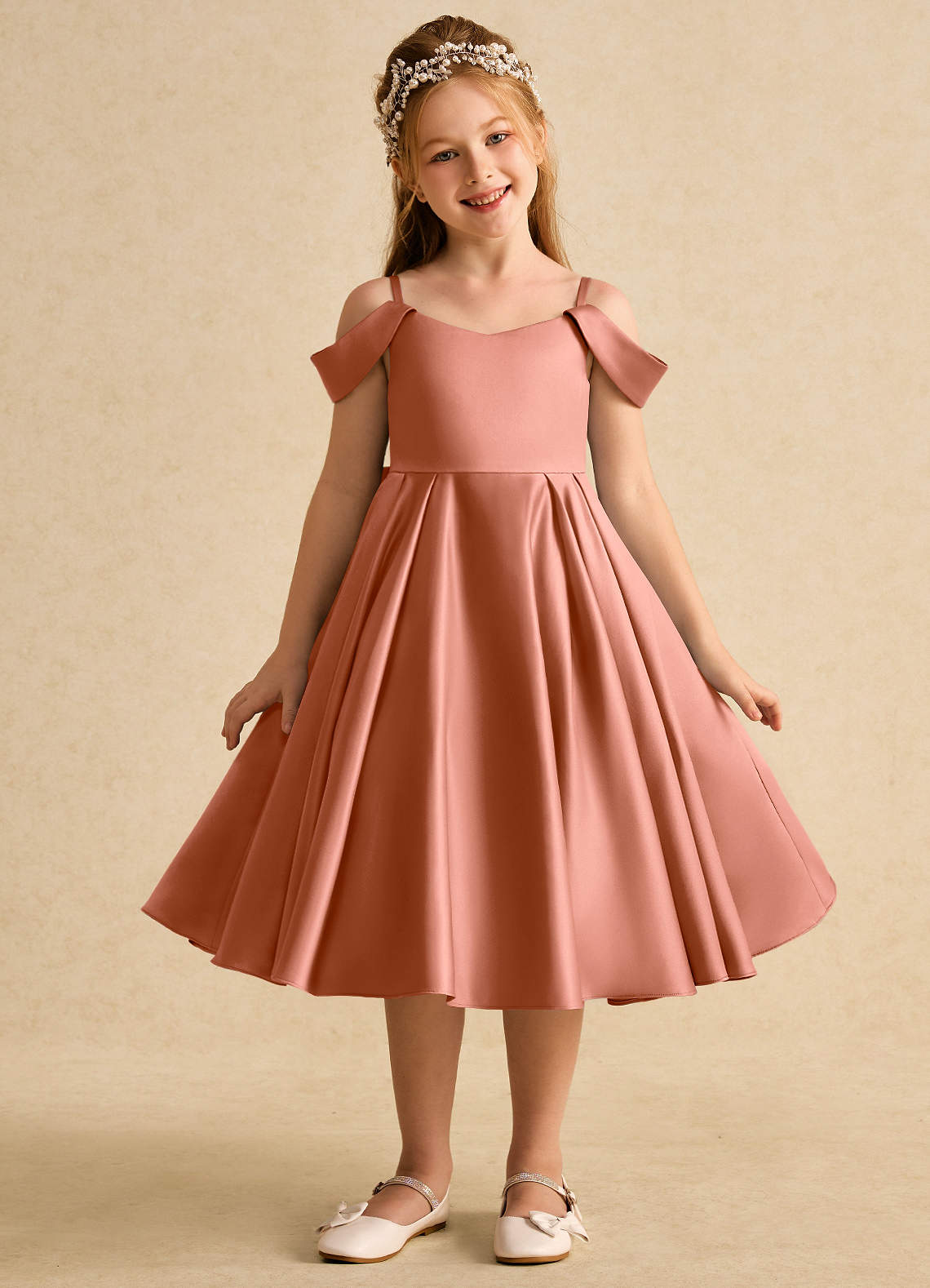 Azazie Favia Flower Girl Dresses MAI TAI A-Line Off the Shoulder Matte Satin Dress image1