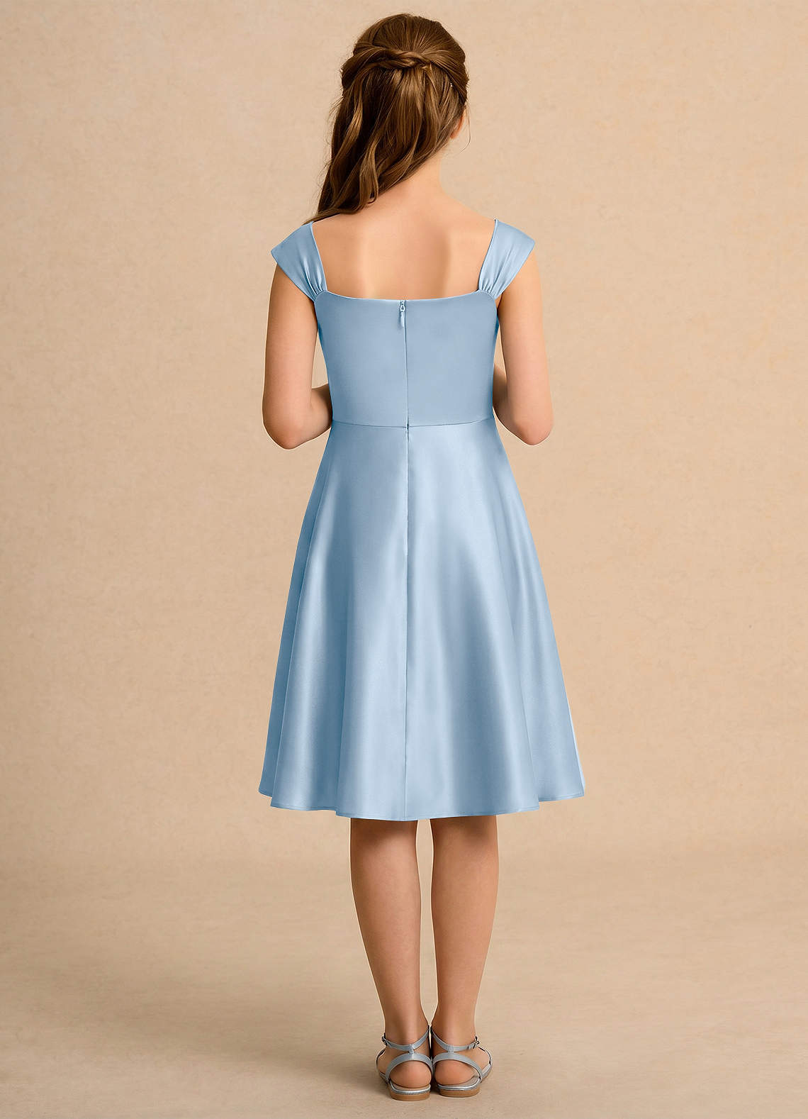 knee length light blue satin dress Azazie Budle Girls Formal Powder A-Line Pleated Matte sweet 16 formal knee length light blue dress