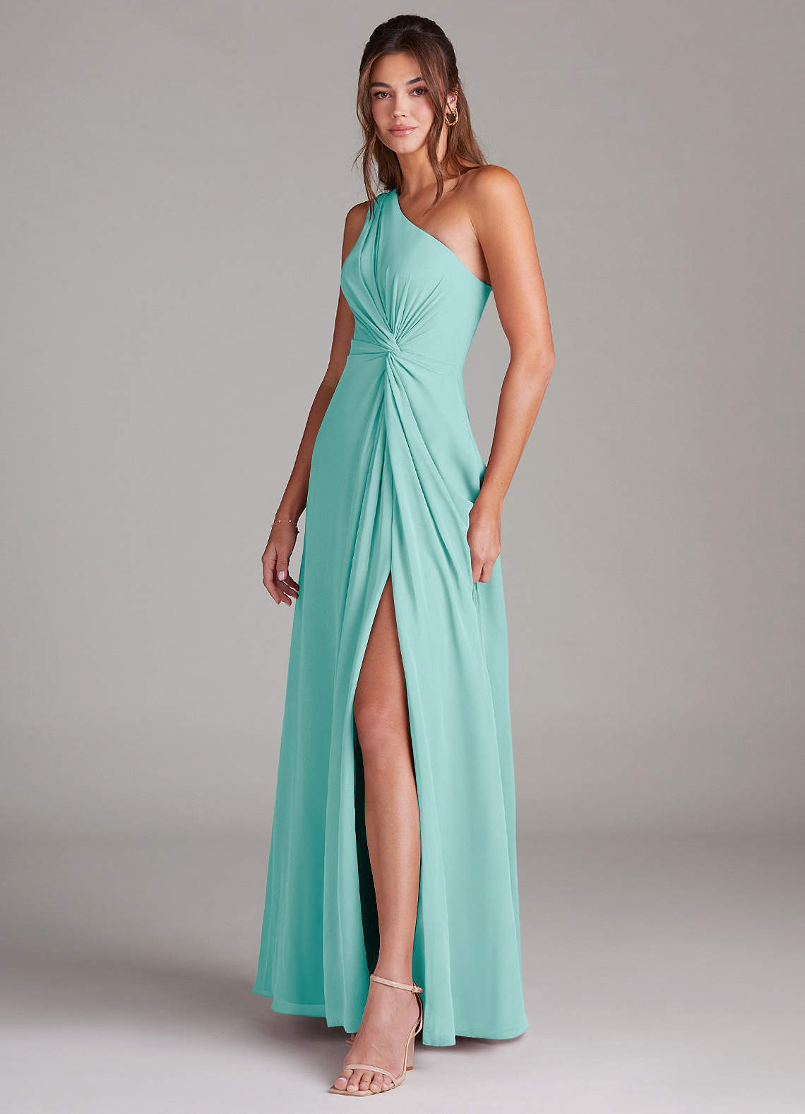 Azazie Brooke Bridesmaid Dresses Aqua A-Line One Shoulder Chiffon Dress image4