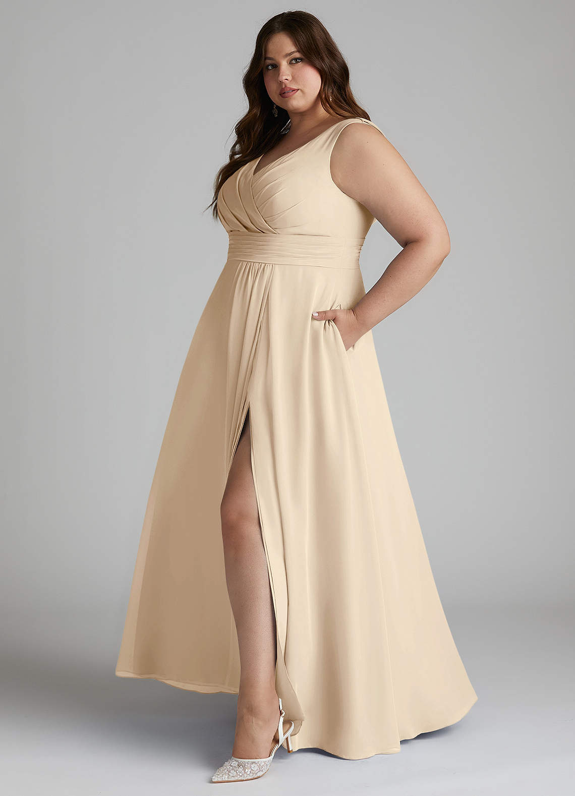 Azazie Karina Bridesmaid Dresses Champagne A-Line Pleated Chiffon Dress image7