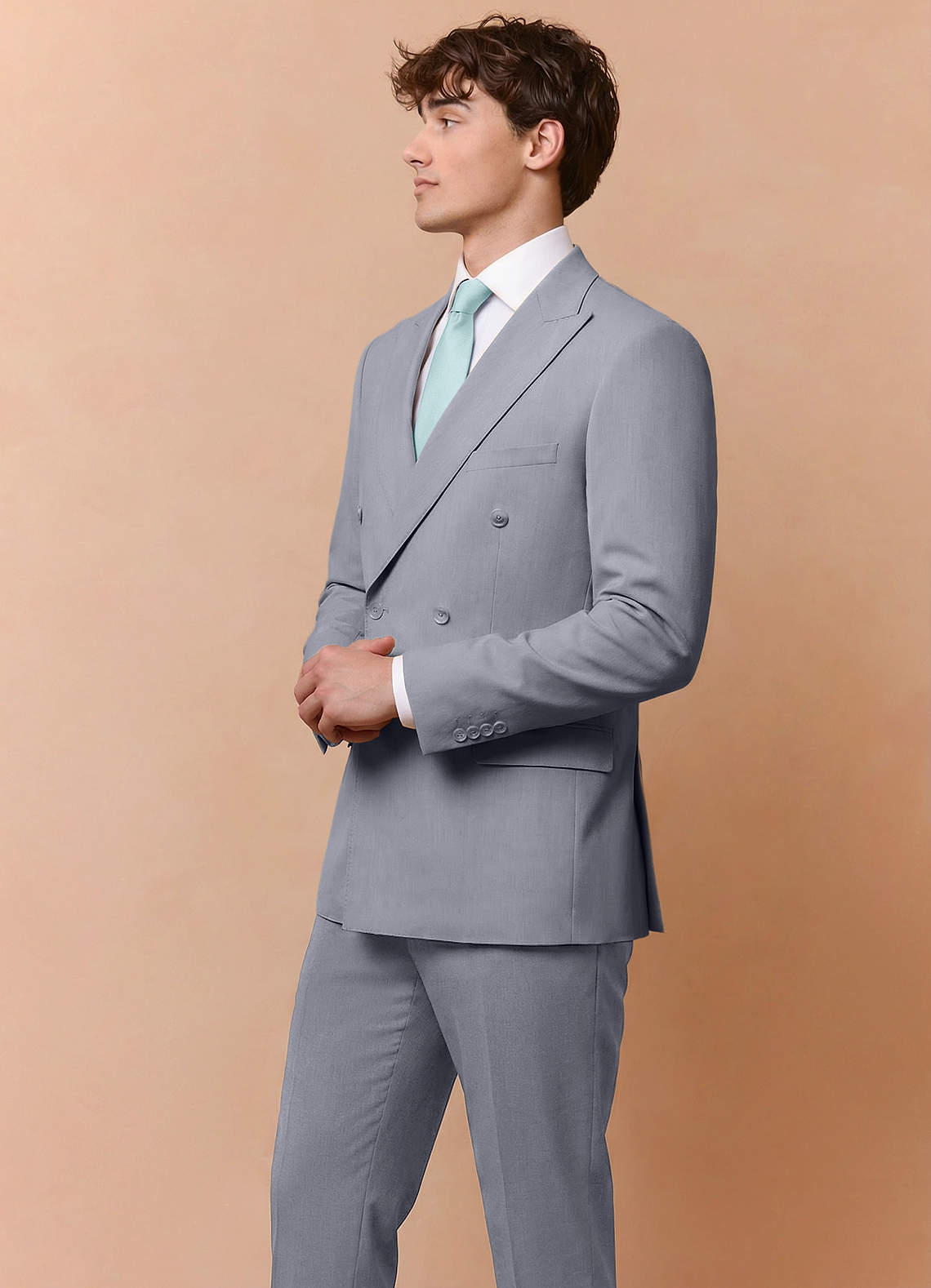 front Collins Grey Double Breasted Wool Blend Suit Jacket