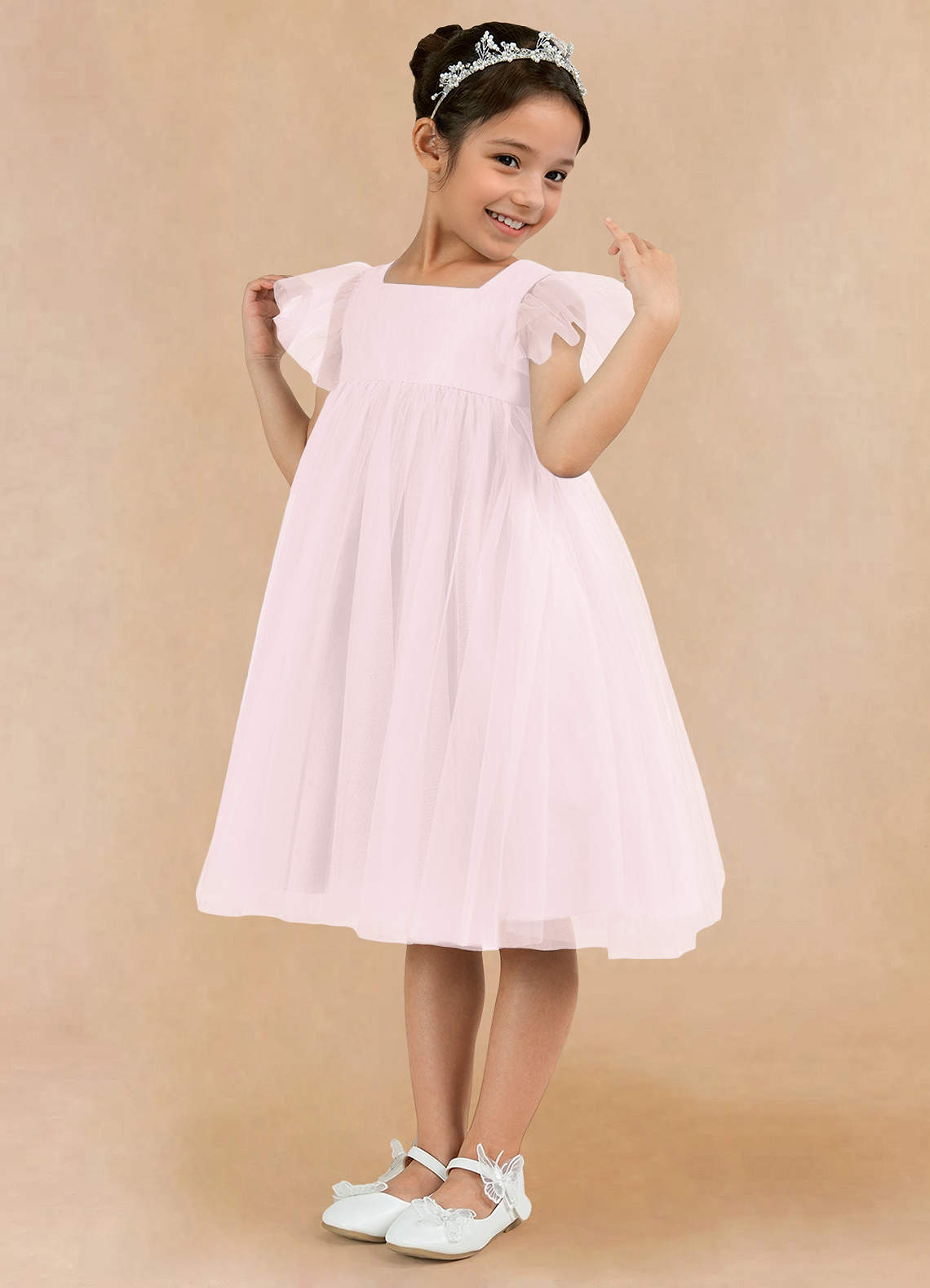 Tulle Knee-length Pink Girl's Party Dress