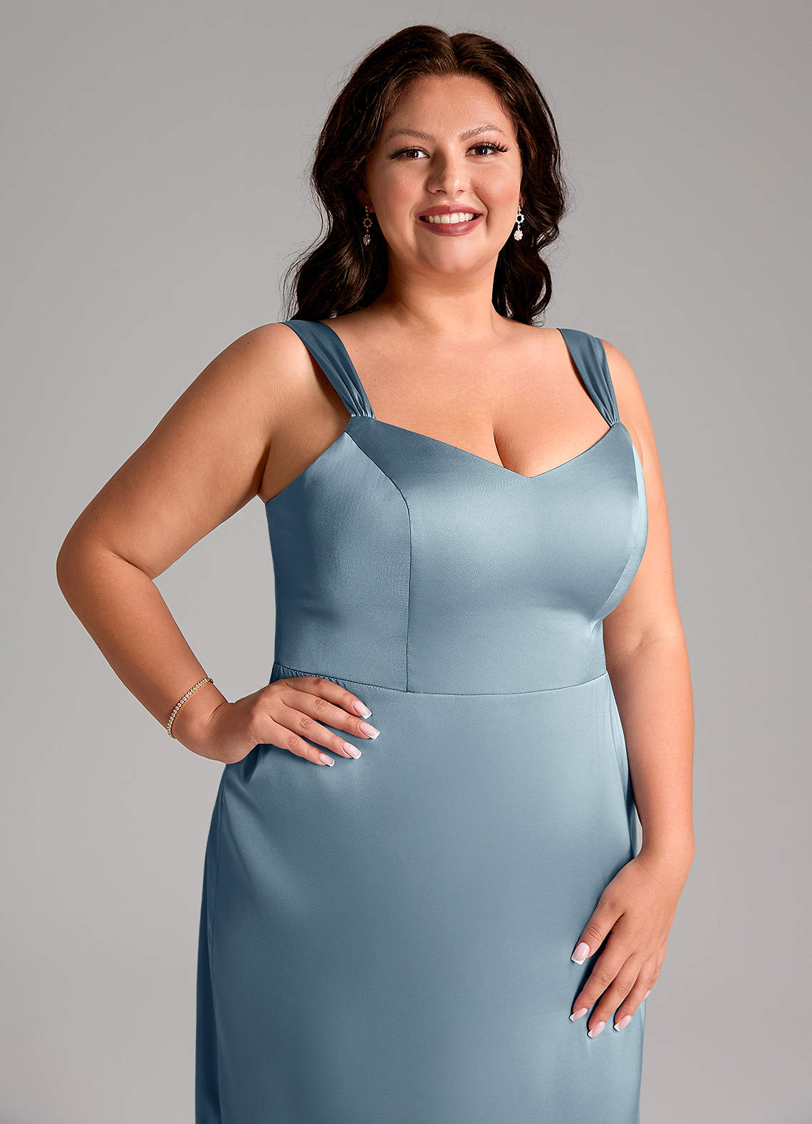 Azazie Denice Bridesmaid Dresses Dusty Blue Sheath Pleated Stretch Satin Dress image6