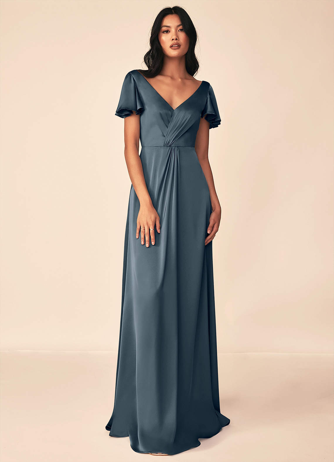 Azazie Soren Robes de demoiselle d'honneur Robe Trapèze en Satin extensible Plissée Violet Crépusculaire image1