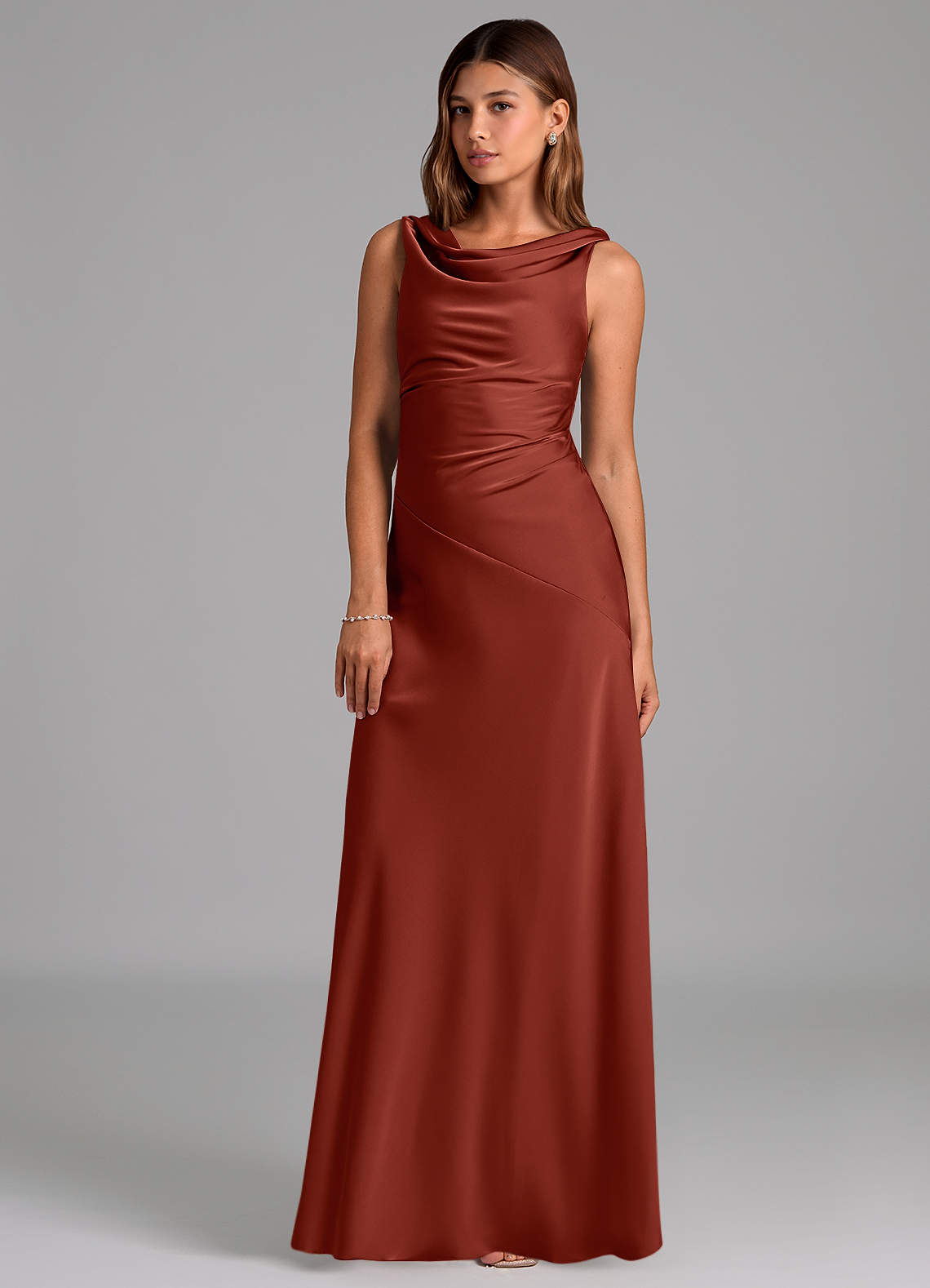 Azazie Nerine Brudtärnklänningar Klä av A-Linje i Stretch Satin Plisserad Terrakotta image1
