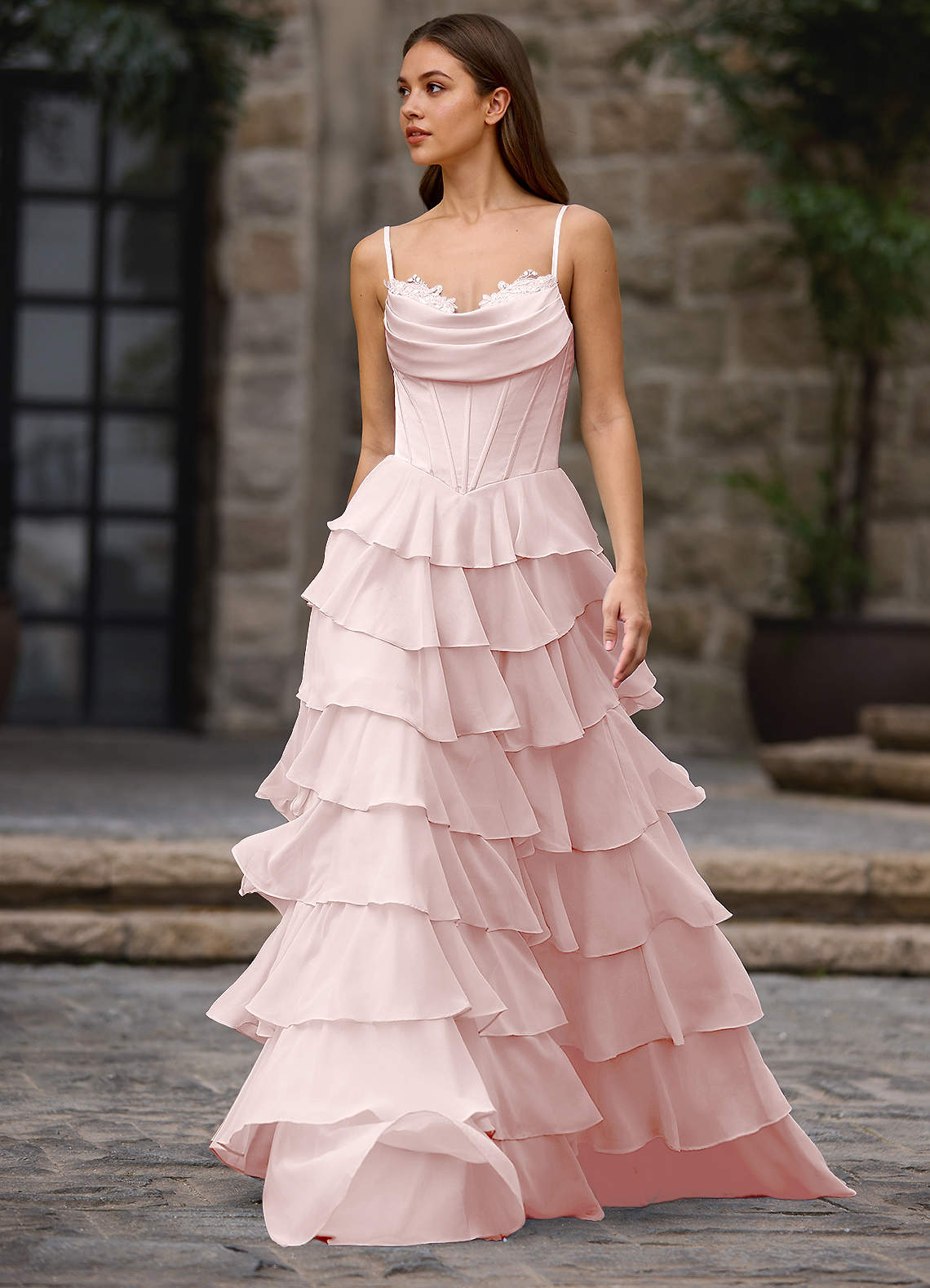 Azazie Powder Pink Corset Lace Cowl Formal Dress Azazie Powder Pink Corset Lace Cowl Formal Dress