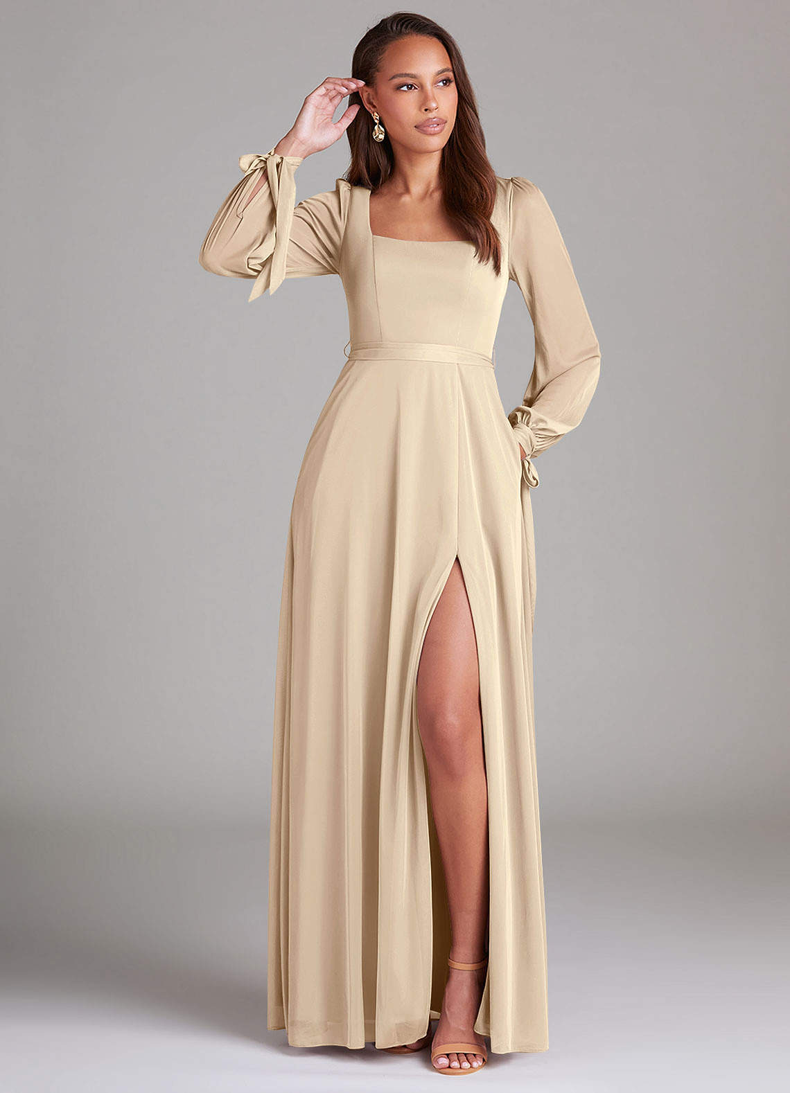 Azazie Leonia Brautjungfernkleider A-Linie Langarm Gittergewebe Kleid Champagner image1