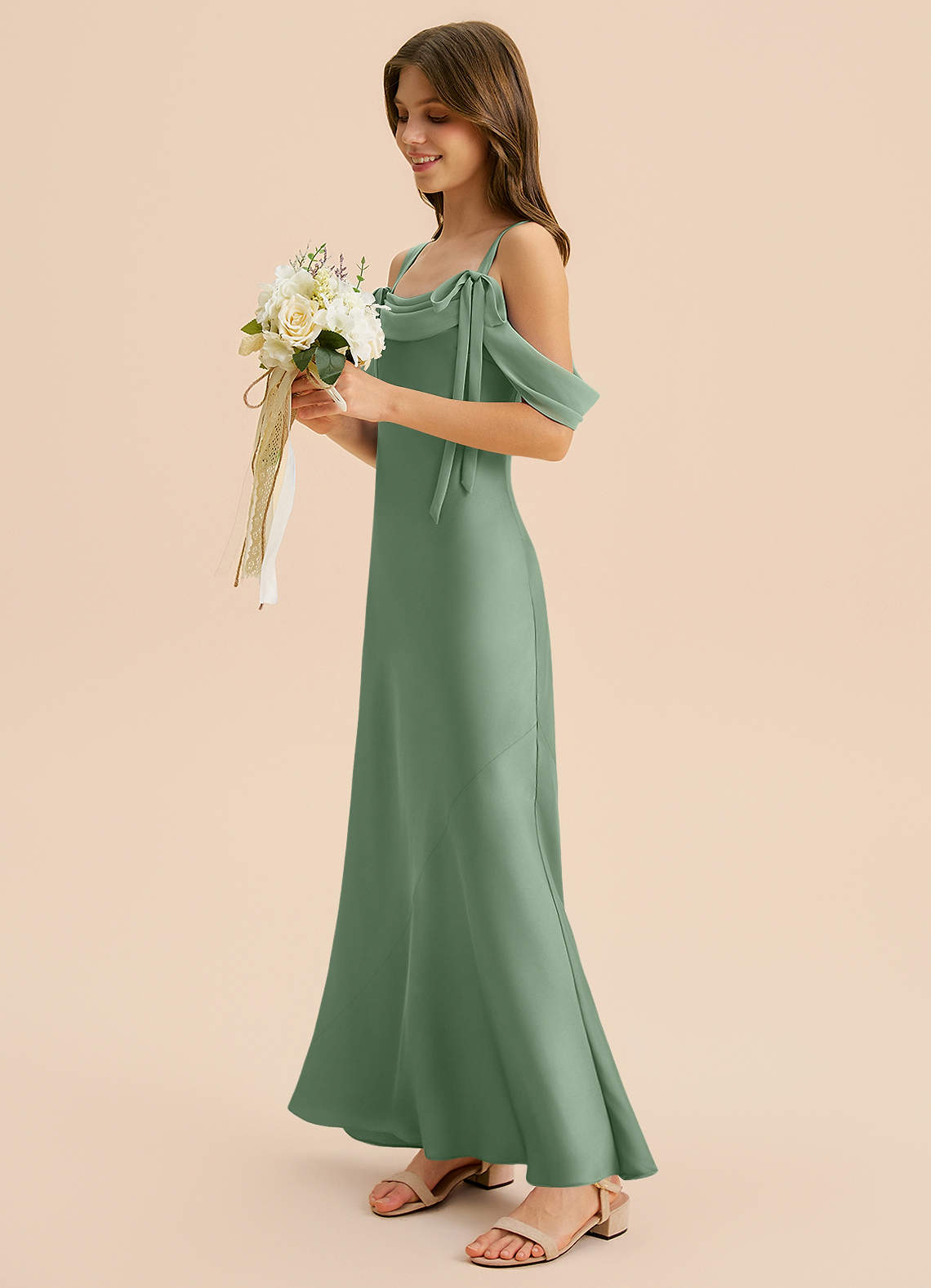 Azazie Bellalina Junior Syrena Pofałdowany Satyna elastyczna Długość podłogi Młodsza druhna Sukienka image2