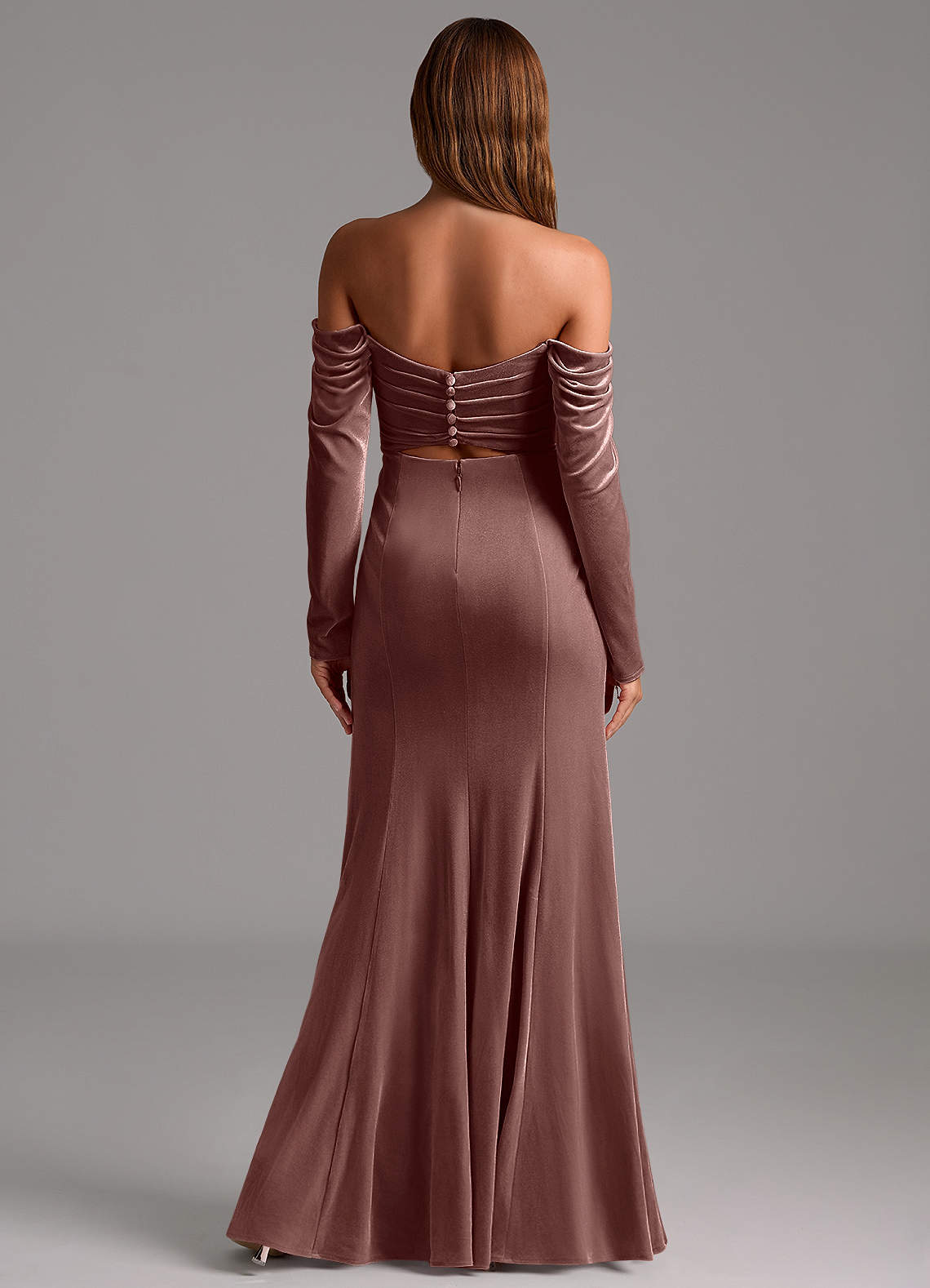 Azazie Hallie At-home Try On Dresses Terracotta Mermaid Long Sleeve Velvet Convertible Dress image5