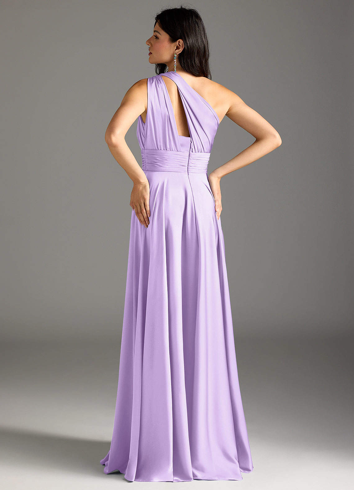 Azazie Charlize Bridesmaid Dresses Lilac A-Line One Shoulder Stretch Satin Dress image5