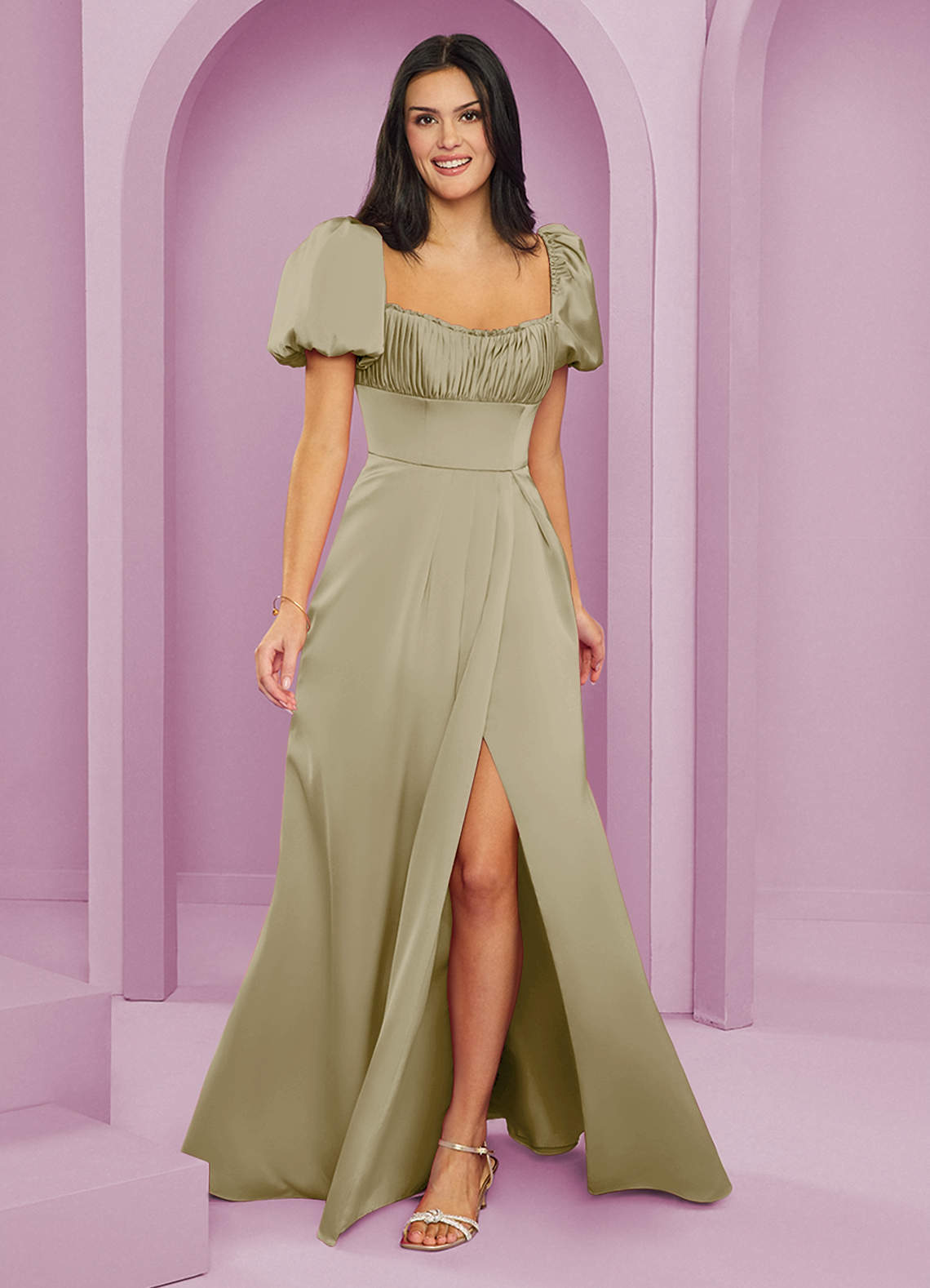 Barbie ♥ Azazie Bridesmaid Dresses Moss Green A-Line Ruched Stretch Satin Dress image1