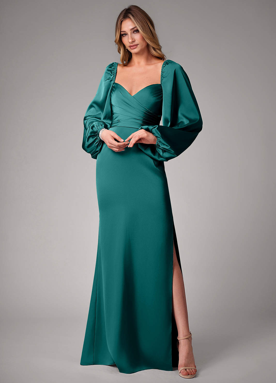 Azazie Sonata Ready to Ship Peacock Stretch Satin Bridesmaid Dresses |  Azazie
