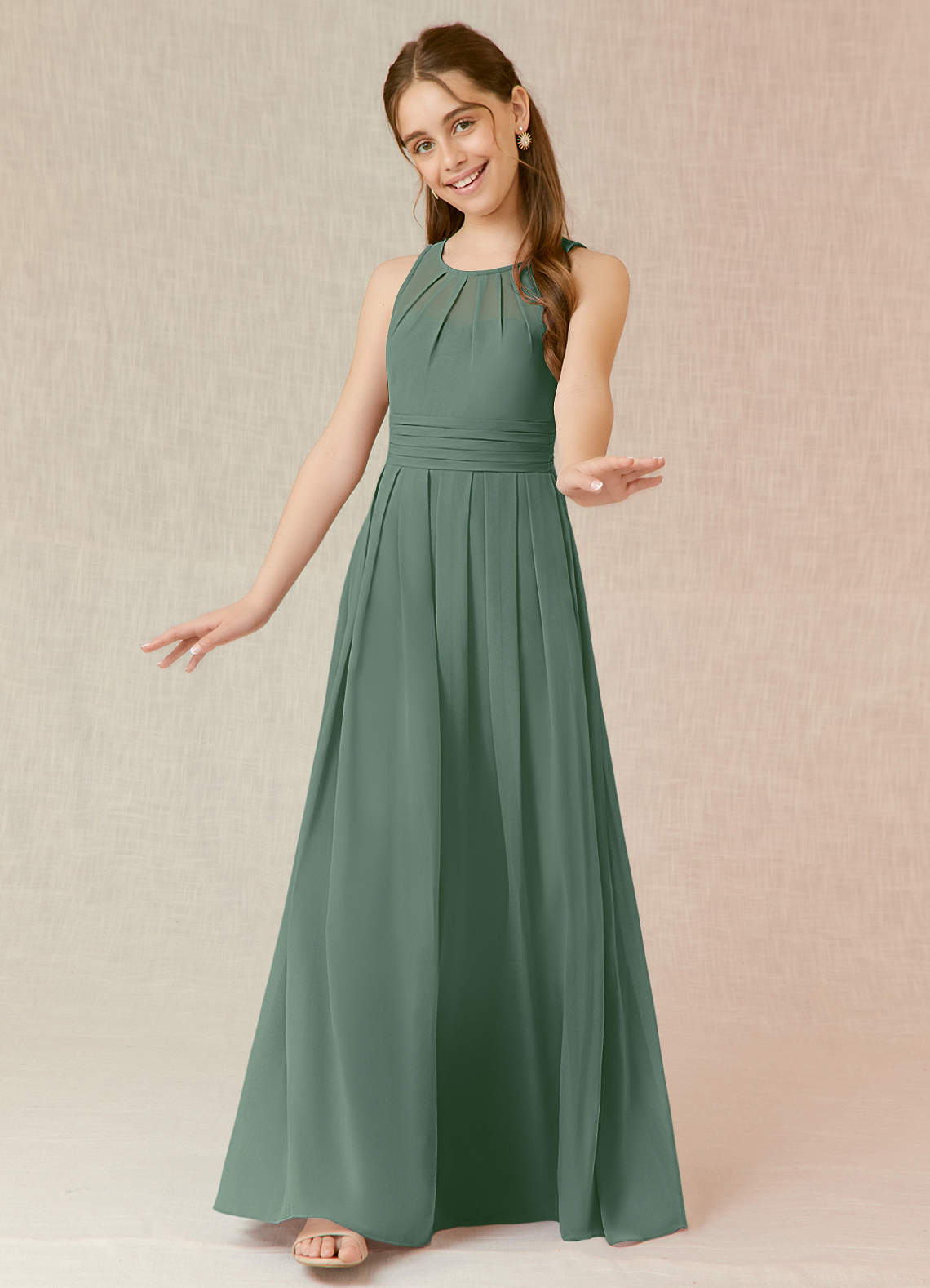Azazie Bibiane Junior Vestido Eucalipto de Chiffon de Linha A com Plissado image3