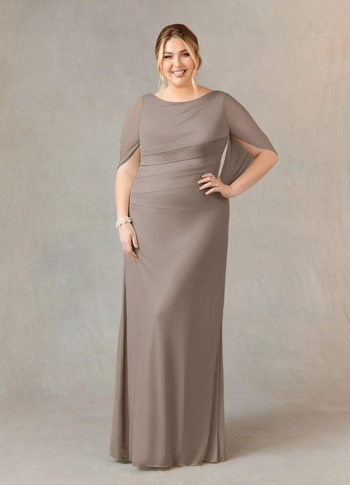 Azazie Belladonna Mother of the Bride Dresses Taupe Mermaid Scoop Pleated Mesh Dress image1