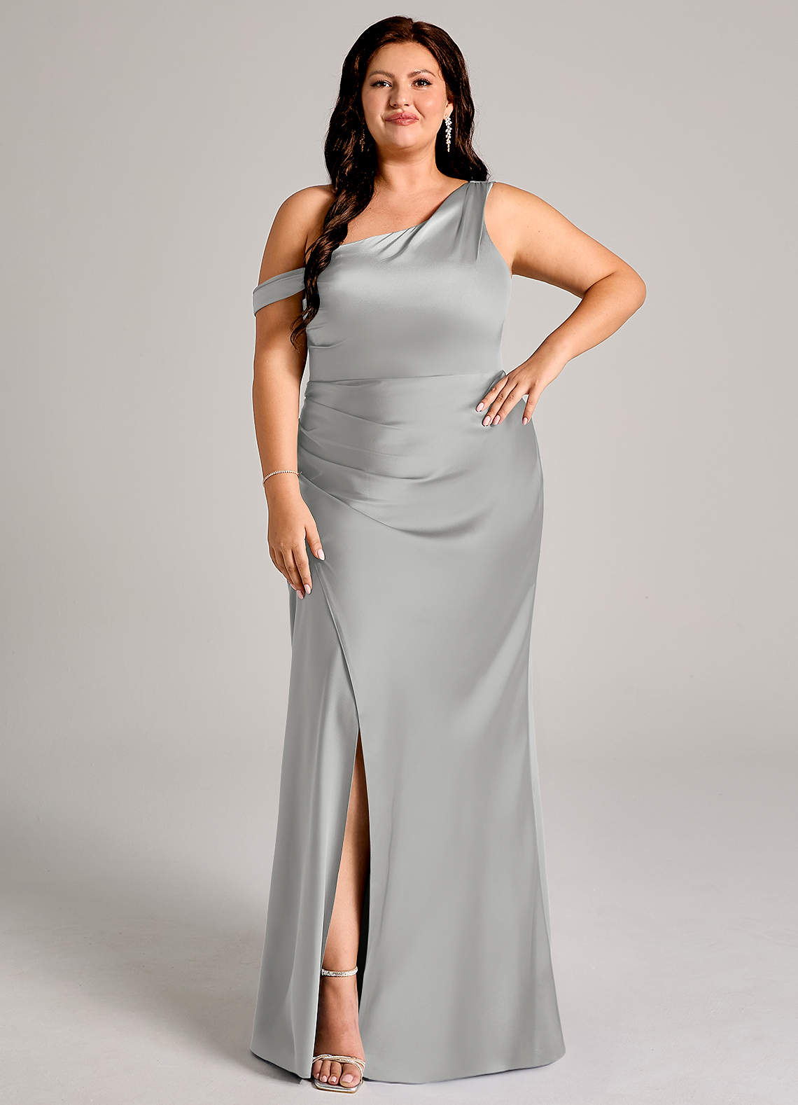 Azazie Madelyn Bridesmaid Dresses Silver Mermaid One Shoulder Stretch Satin Convertible Dress image1