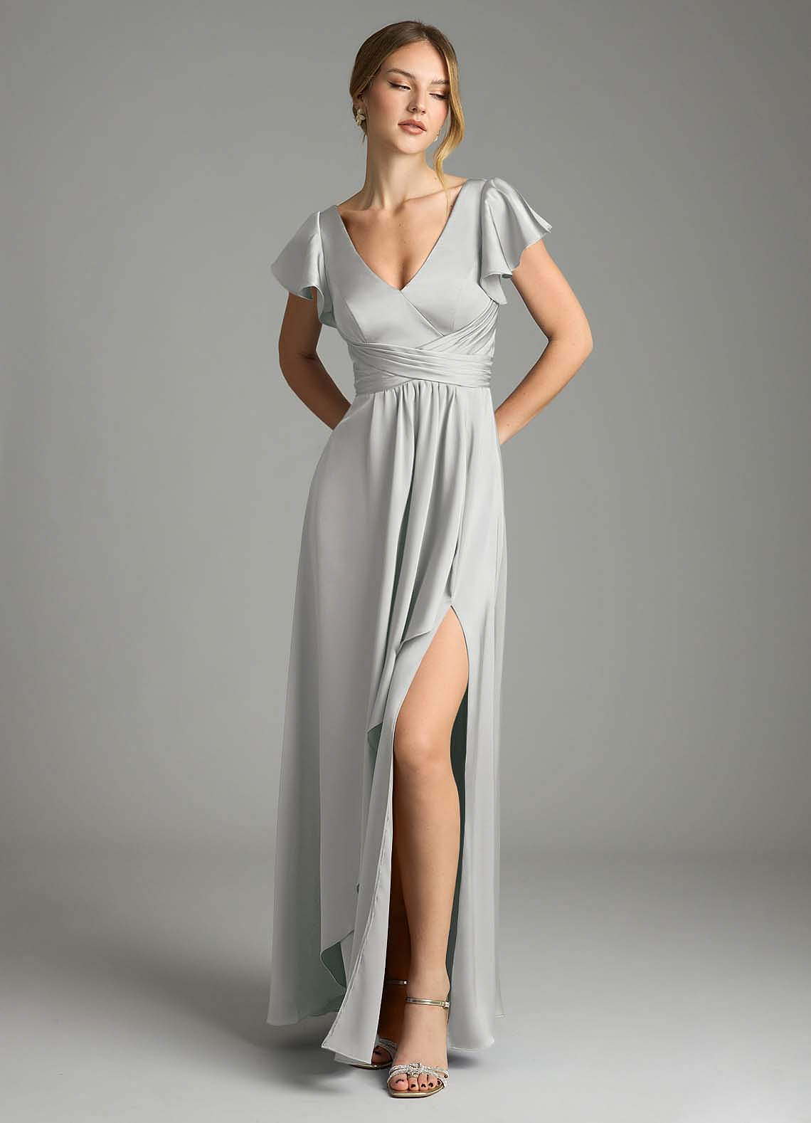 bridesmaid dresses under 75 Ladivine 7469 Long Bridesmaids Dress Simple Slit Satin Formal Dress V Neck A Line Evening Gown 8 / greenery main image 1