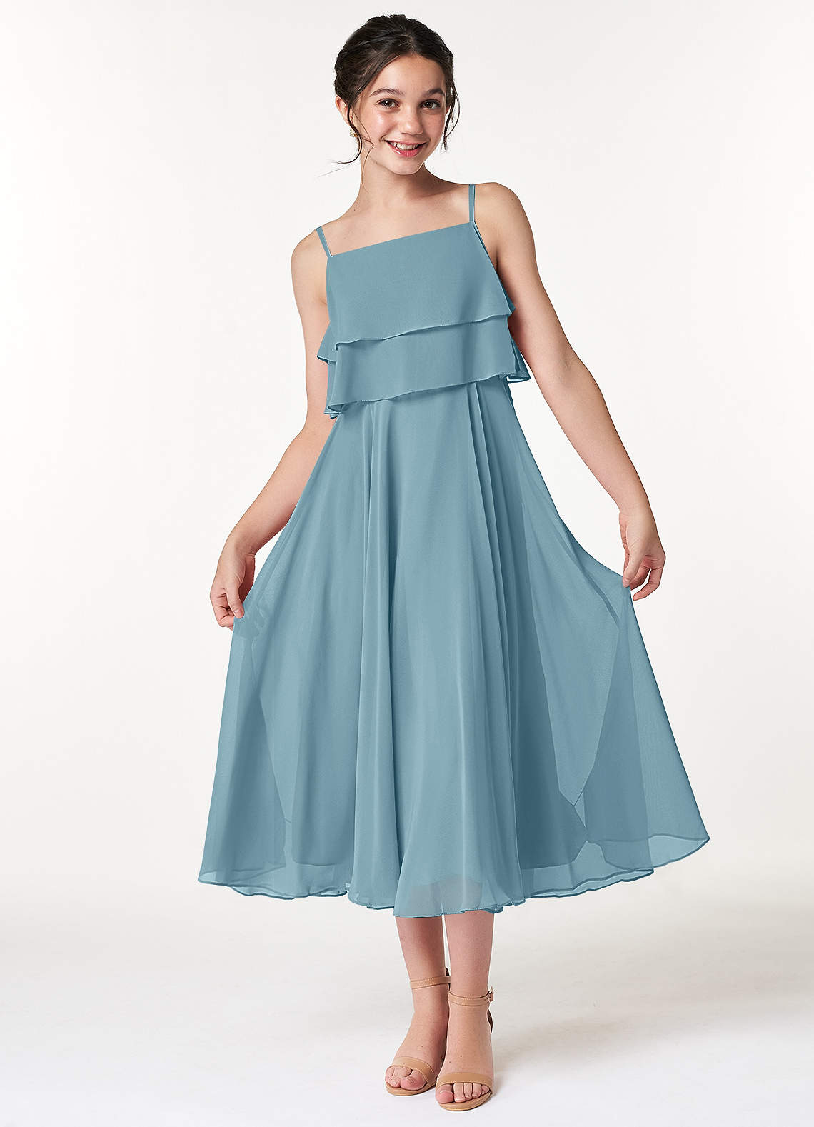 Azazie Ensley Junior Abito A-Line in Chiffon Plissettato Blu Lunatico image1