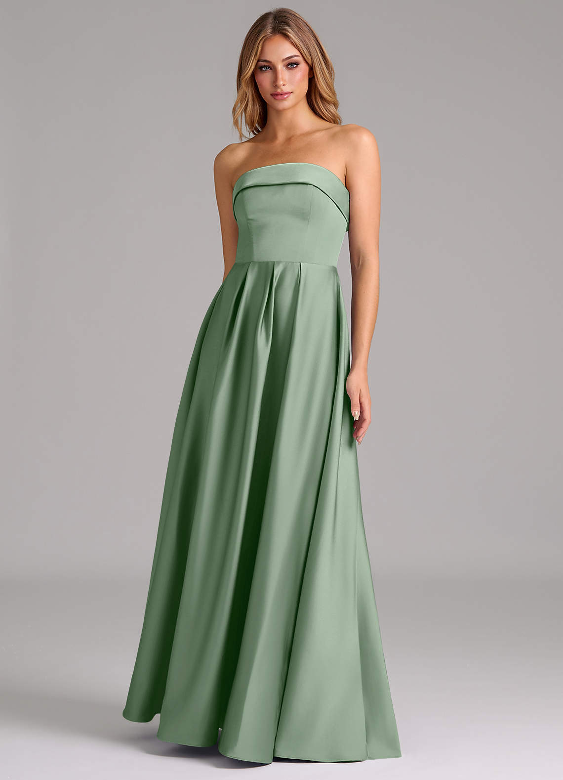 Azazie Lucienne Vestidos de damas de honor Vestido de Matcha de Satén Elástico de Corte en A Convertible con Sin tirantes image1