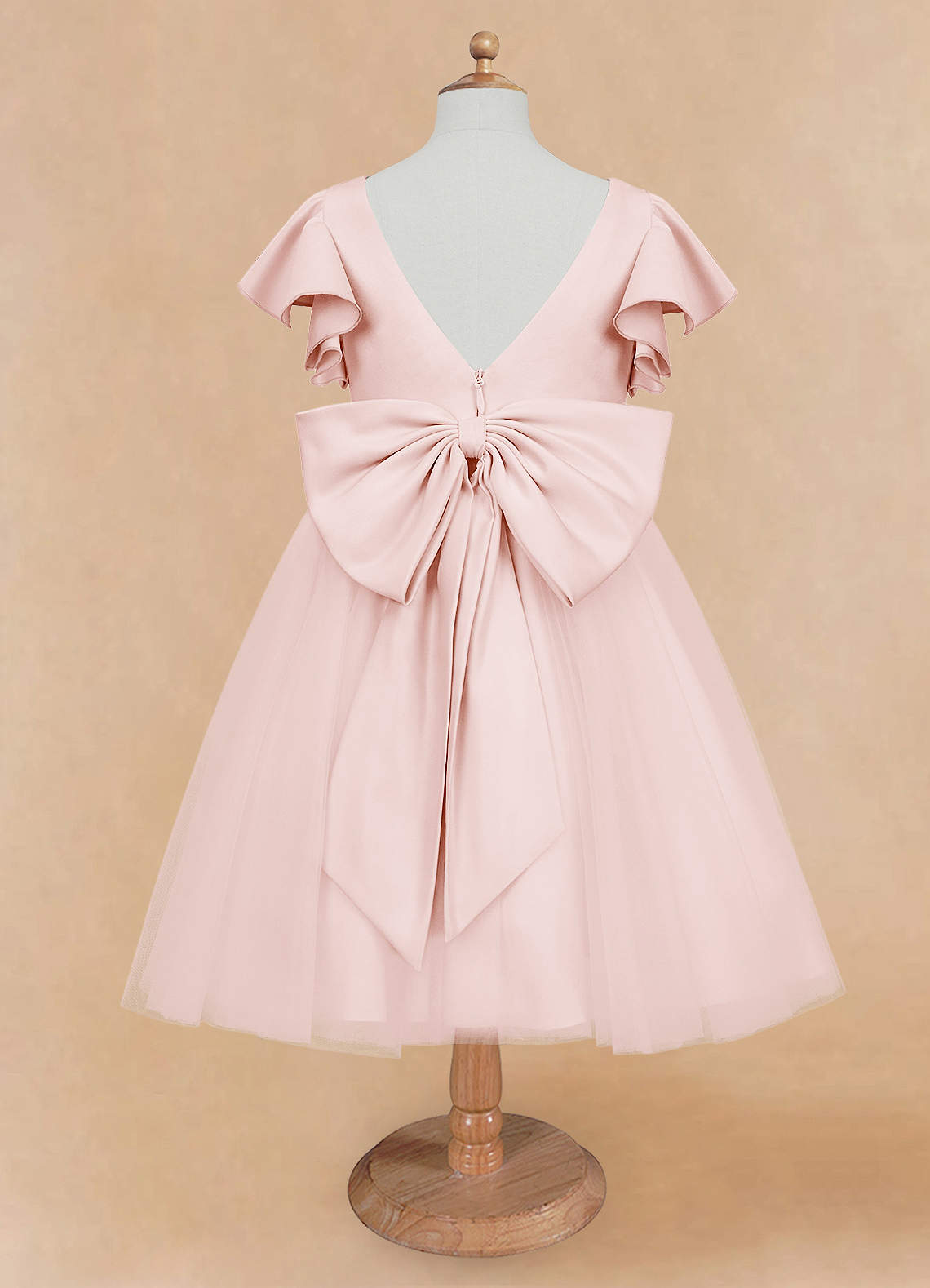 Azazie Kaeya Robe Demoiselle D'honneur Fillette Robe Trapèze en Tulle Arc Rose Pâle image5