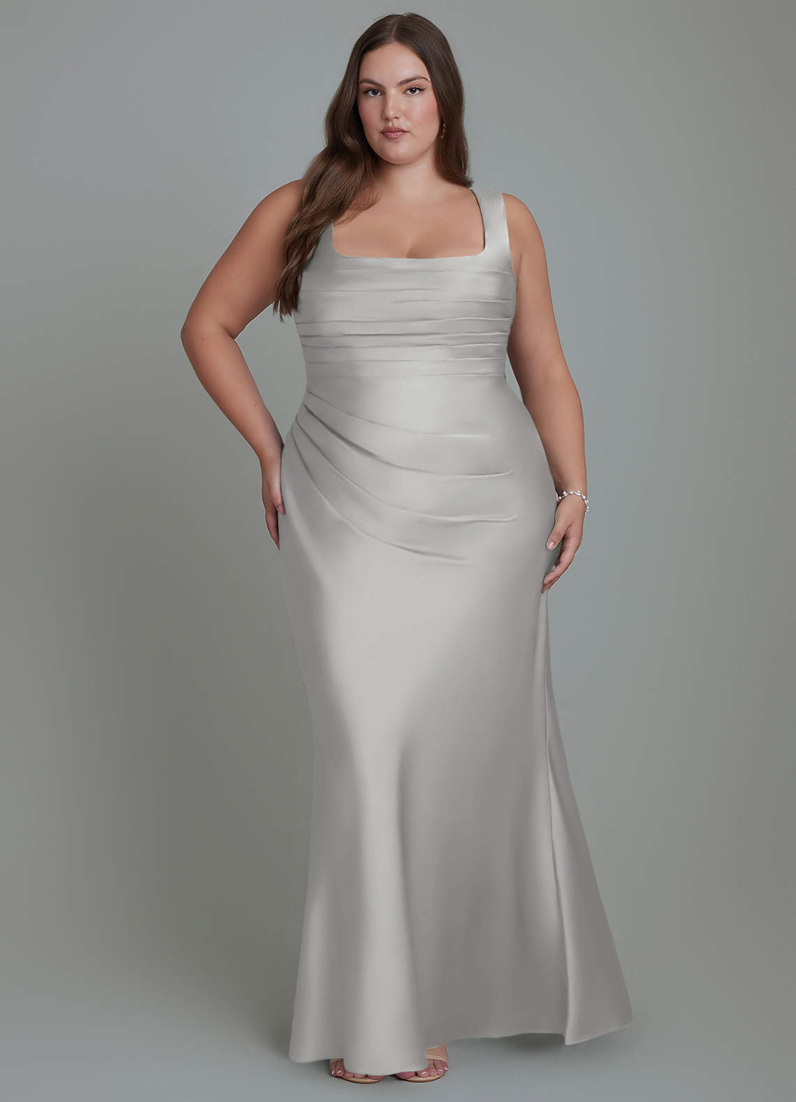 azazie silver bridesmaid dress Mermaid Square Neck Floor-Length Stretch Satin Dresses She features a pleated Color:Cocoa dress_type_Mermaid Teal Multi Color Floral