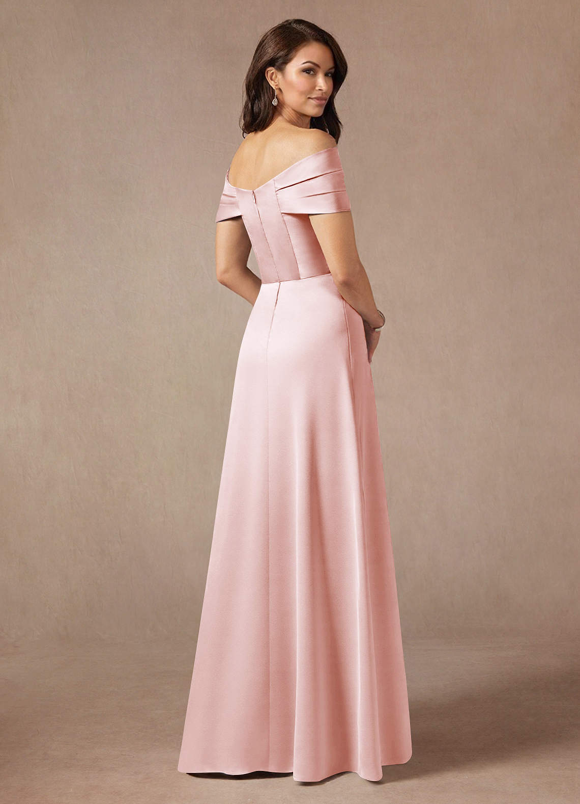 Azazie Amelia Mother of the Bride Dresses Blushing Pink A-Line Off the Shoulder Stretch Satin Dress image1
