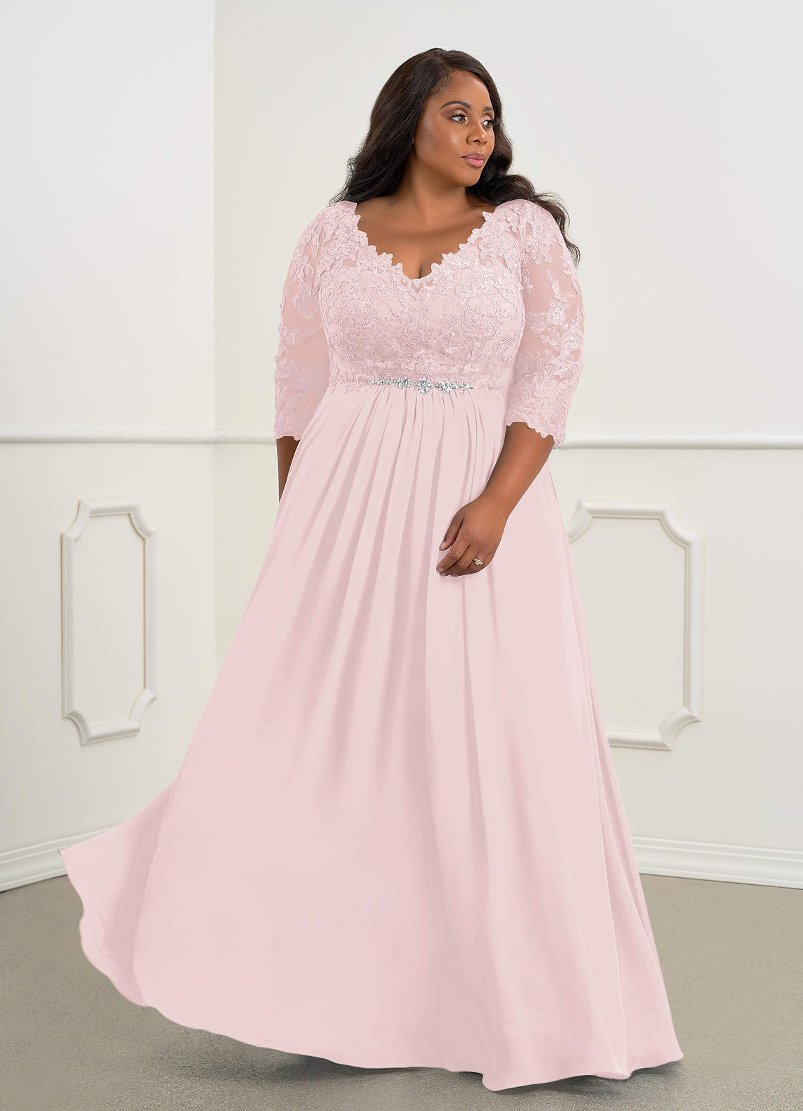 Azazie Plus Size A-Line/Princess V-Neck Floor-Length Lace Mother of the Bride or Groom Dresses - Blushing Pink Azazie Plus Size A-Line/Princess V-Neck Floor-Length Lace Mother of the Bride or Groom Dresses - Blushing Pink