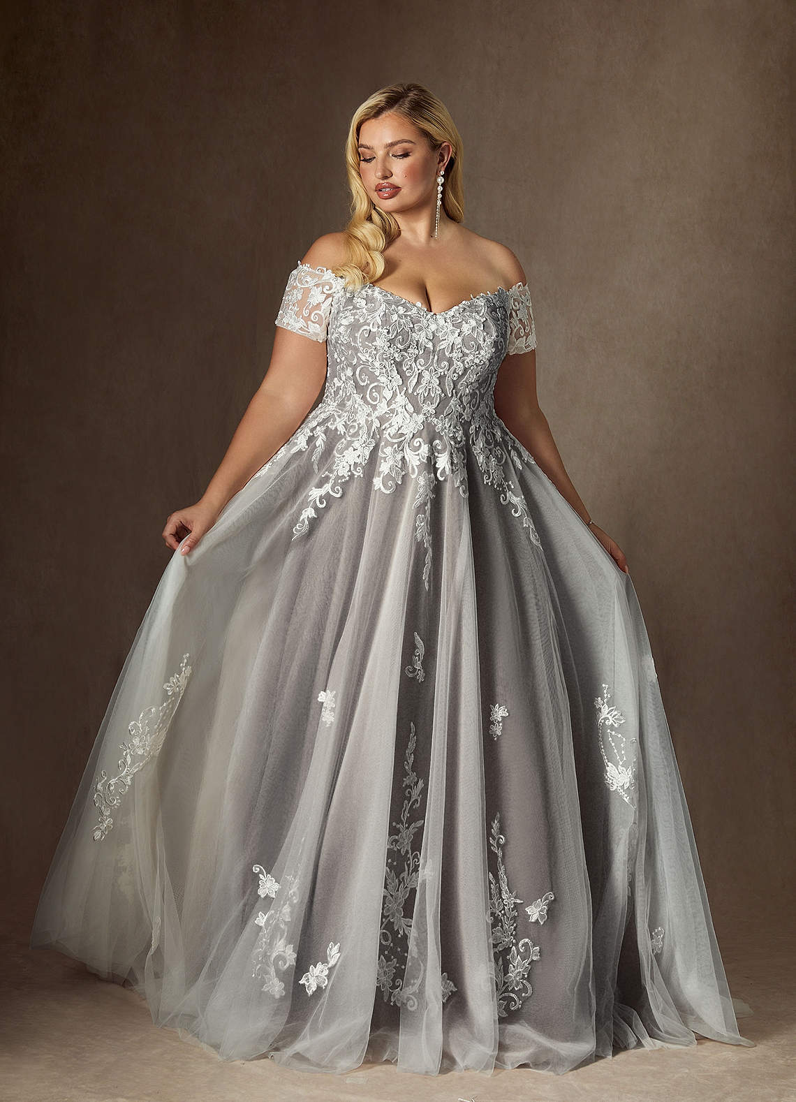 Azazie Rowe Wedding Dresses Diamond White Mocha Ball-Gown Off the Shoulder Tulle Dress image1