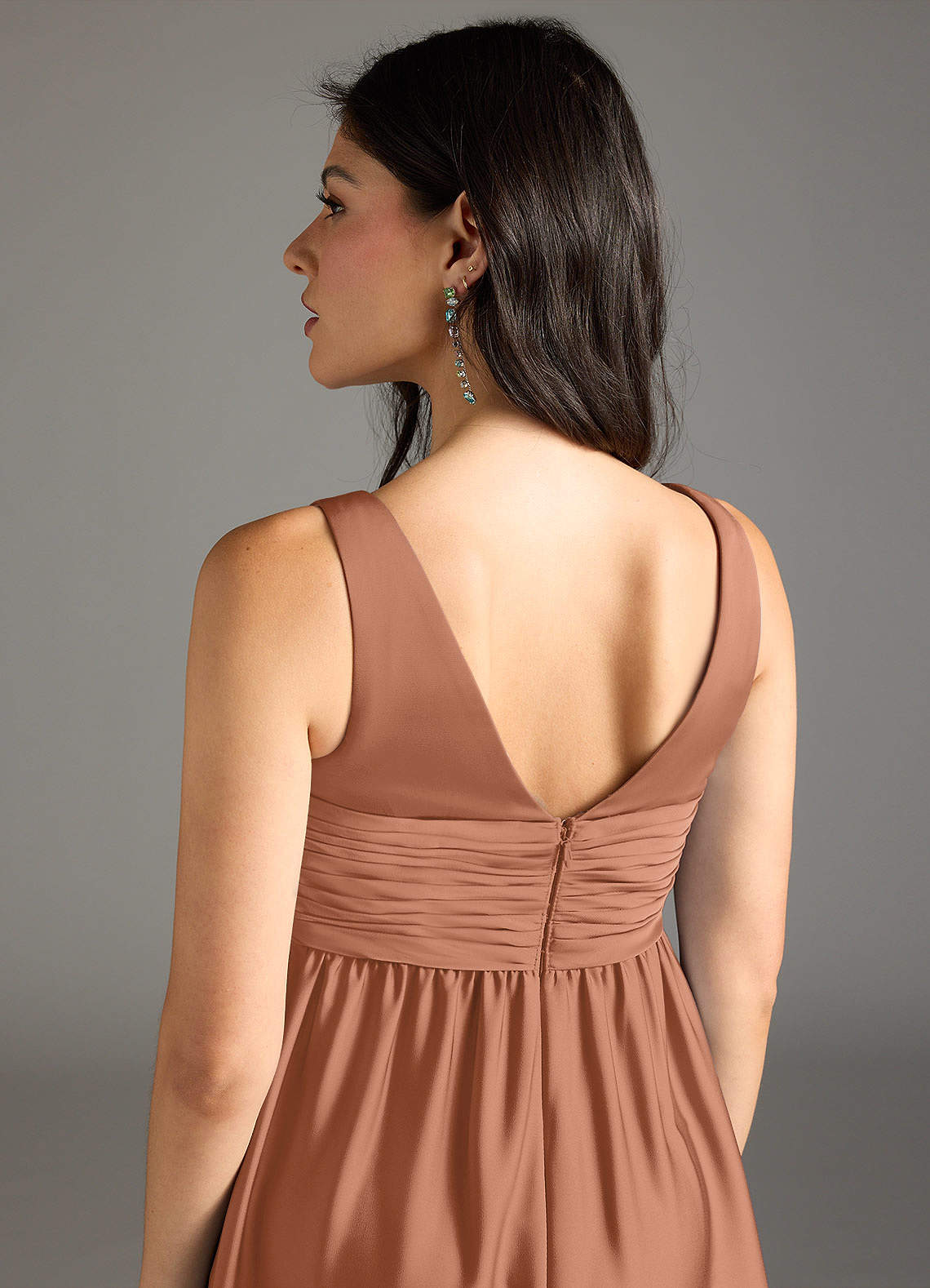 Azazie Yetta At-home Try On Dresses A-Line Pleated Stretch Satin Floor-Length Dress image4