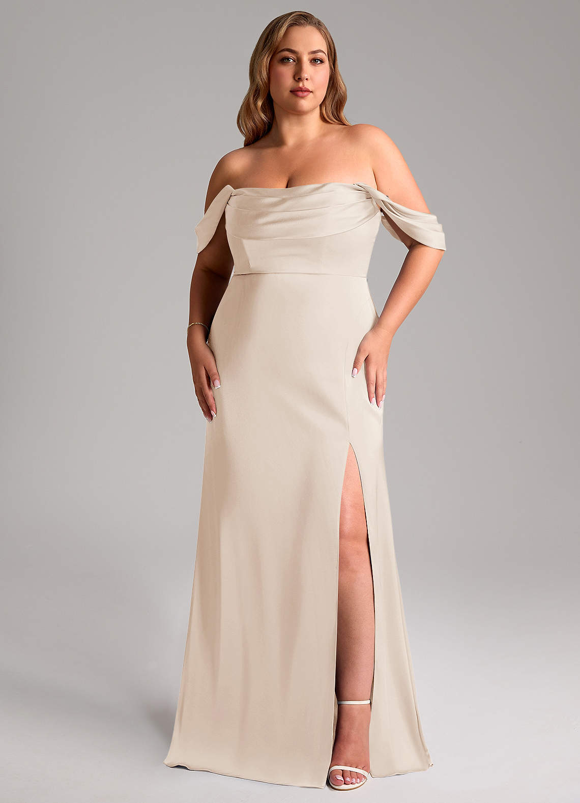 Azazie Saige Bridesmaid Dresses White Alabaster Sheath Off the Shoulder Stretch Satin Dress image1