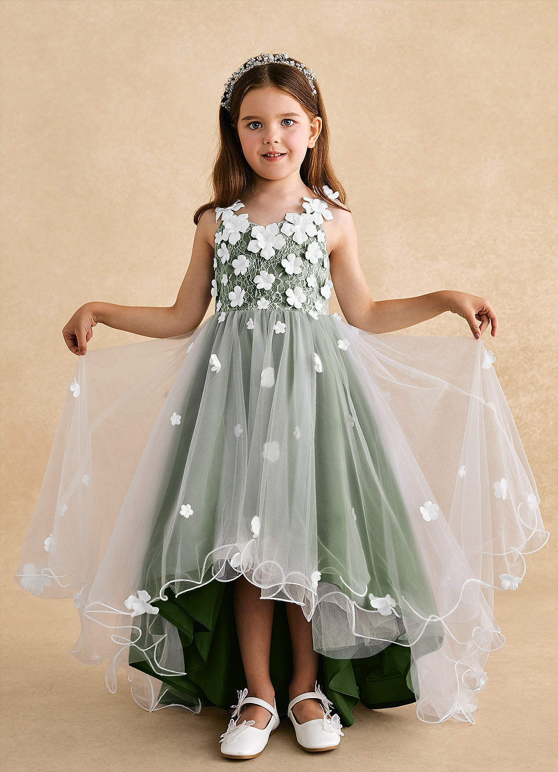Azazie Celia Flower Girl Dresses Olive A-Line Lace Tulle Dress image3