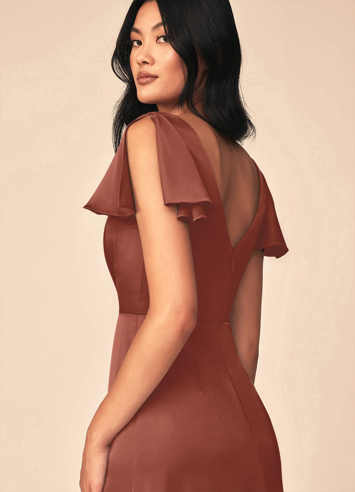 Azazie Soren Bridesmaid Dresses Auburn A-Line Pleated Stretch Satin Dress image4