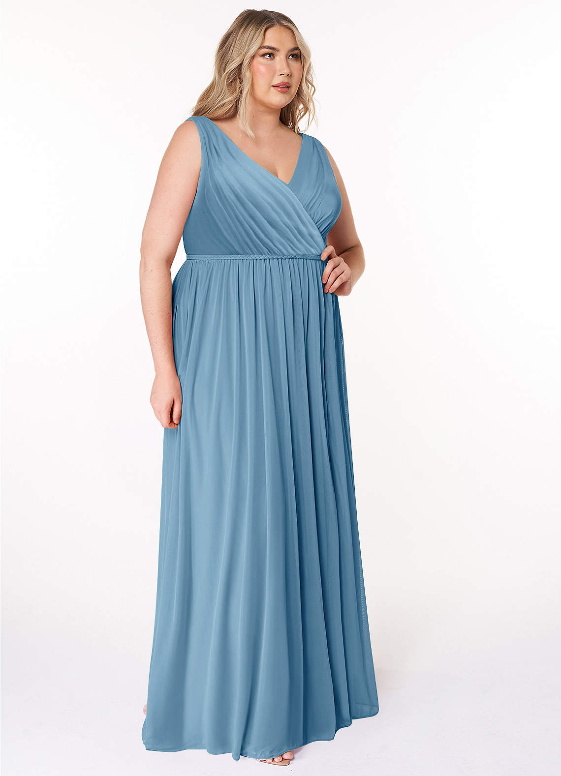 Azazie Tanicia Bridesmaid Dresses Steel Blue A-Line V-Neck Pleated Mesh Dress image7