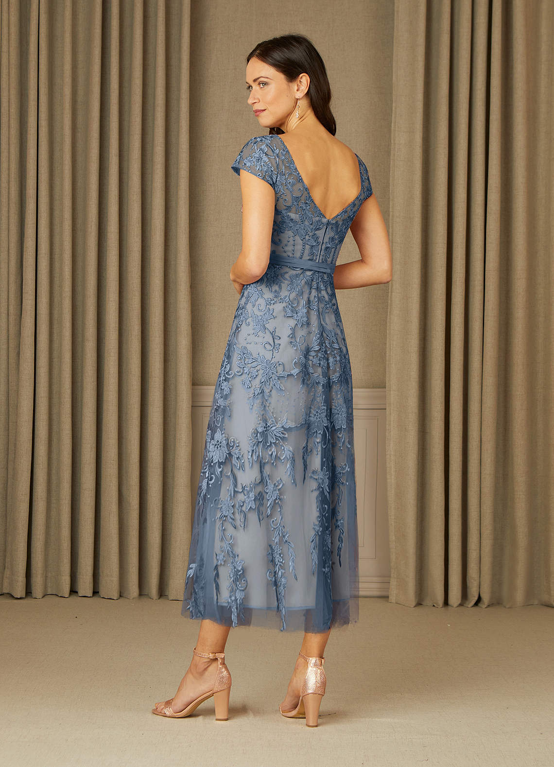Azazie Sanna Dusty Blue Champagne A-Line Scoop Lace Tulle Dress