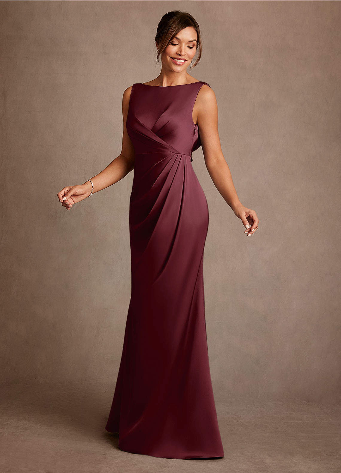 Azazie Baltimore Mother of the Bride Dresses Cabernet A-Line Pleated Stretch Satin Dress image2