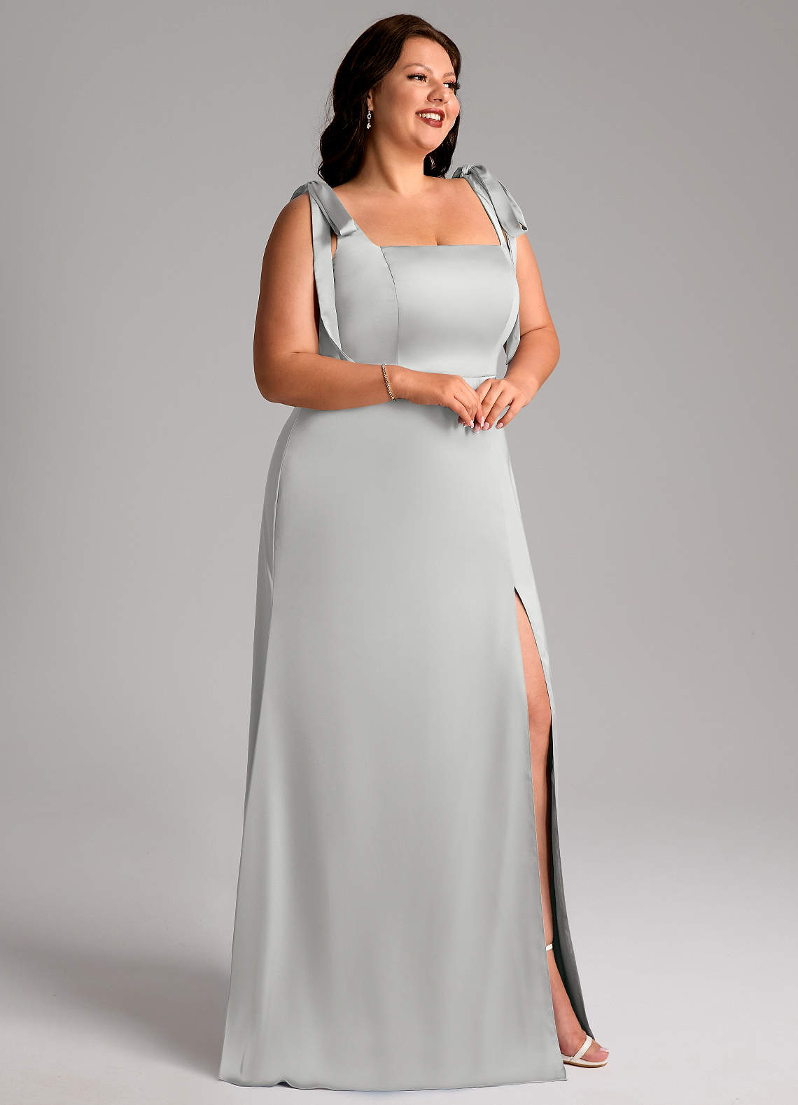 Azazie Frostine Bridesmaid Dresses Silver A-Line Bow Stretch Satin Dress image10