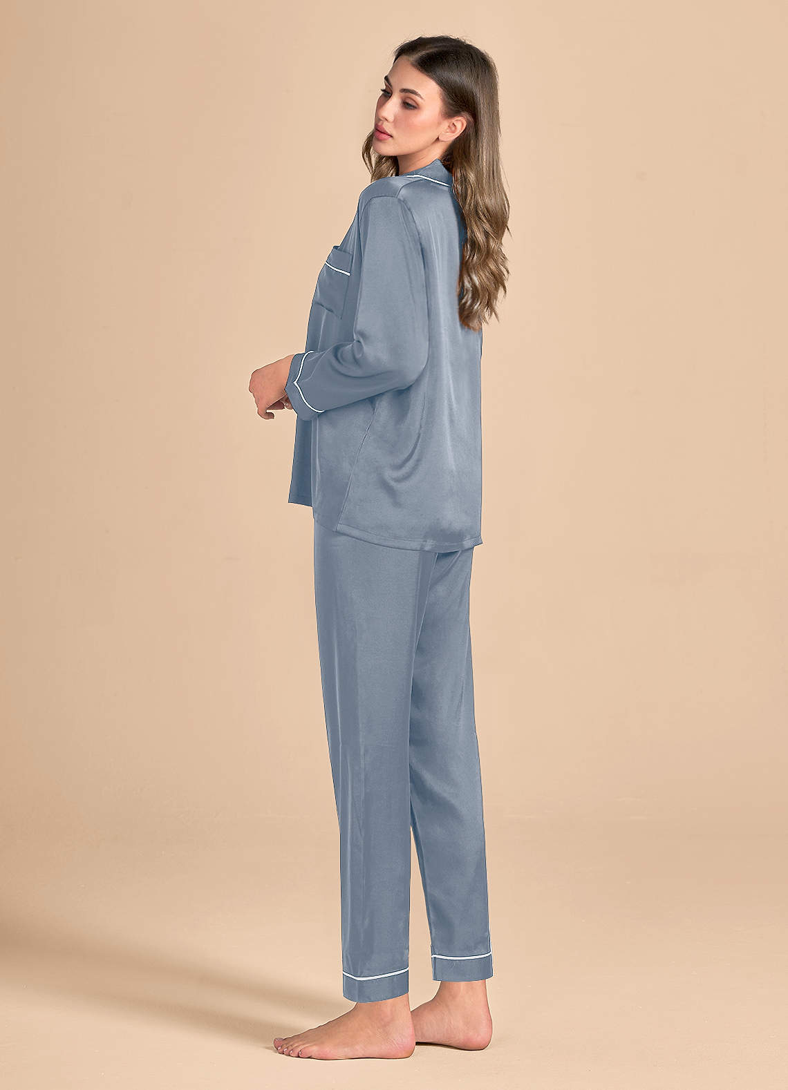 front Long Sleeves and Pants Satin PJ Set