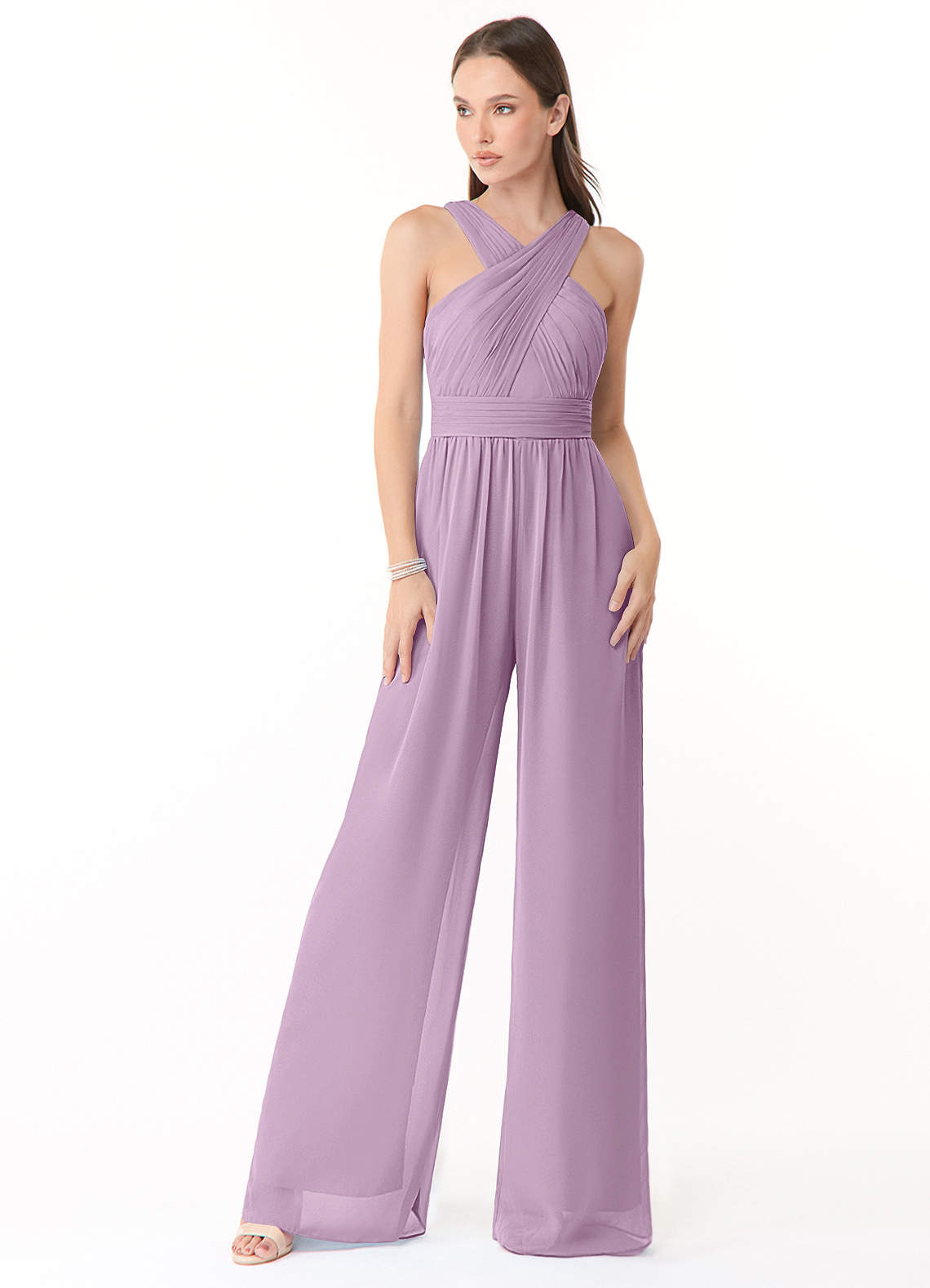 Azazie Berdie Robes de demoiselle d'honneur Combinaison en Mousseline de soie Dos nu Glycine image1